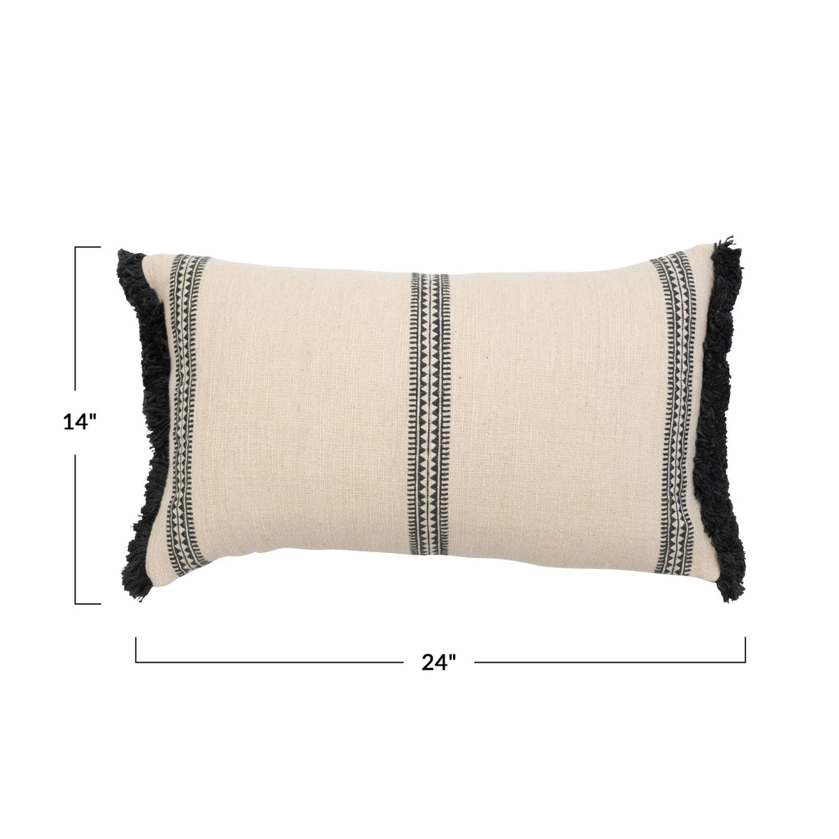 Charcoal & Cream Striped Embroidered Cotton Slub Lumbar Pillow with Fringe