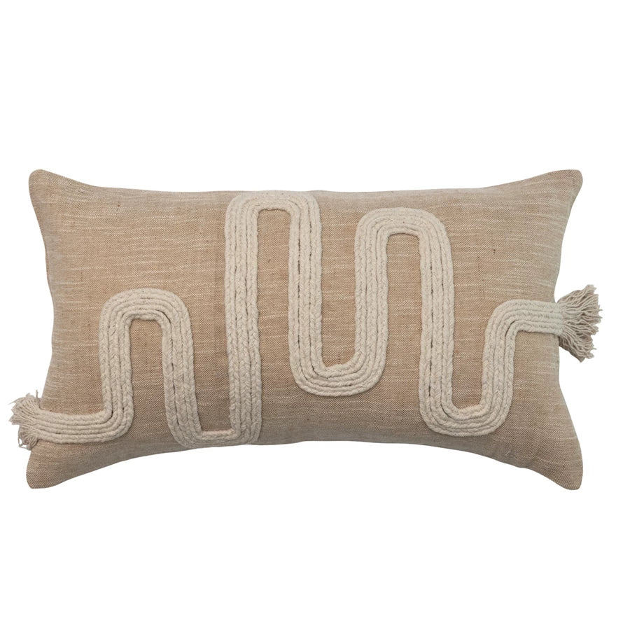 Tan Embroidered Cotton & Jute Lumbar Pillow with Fringe