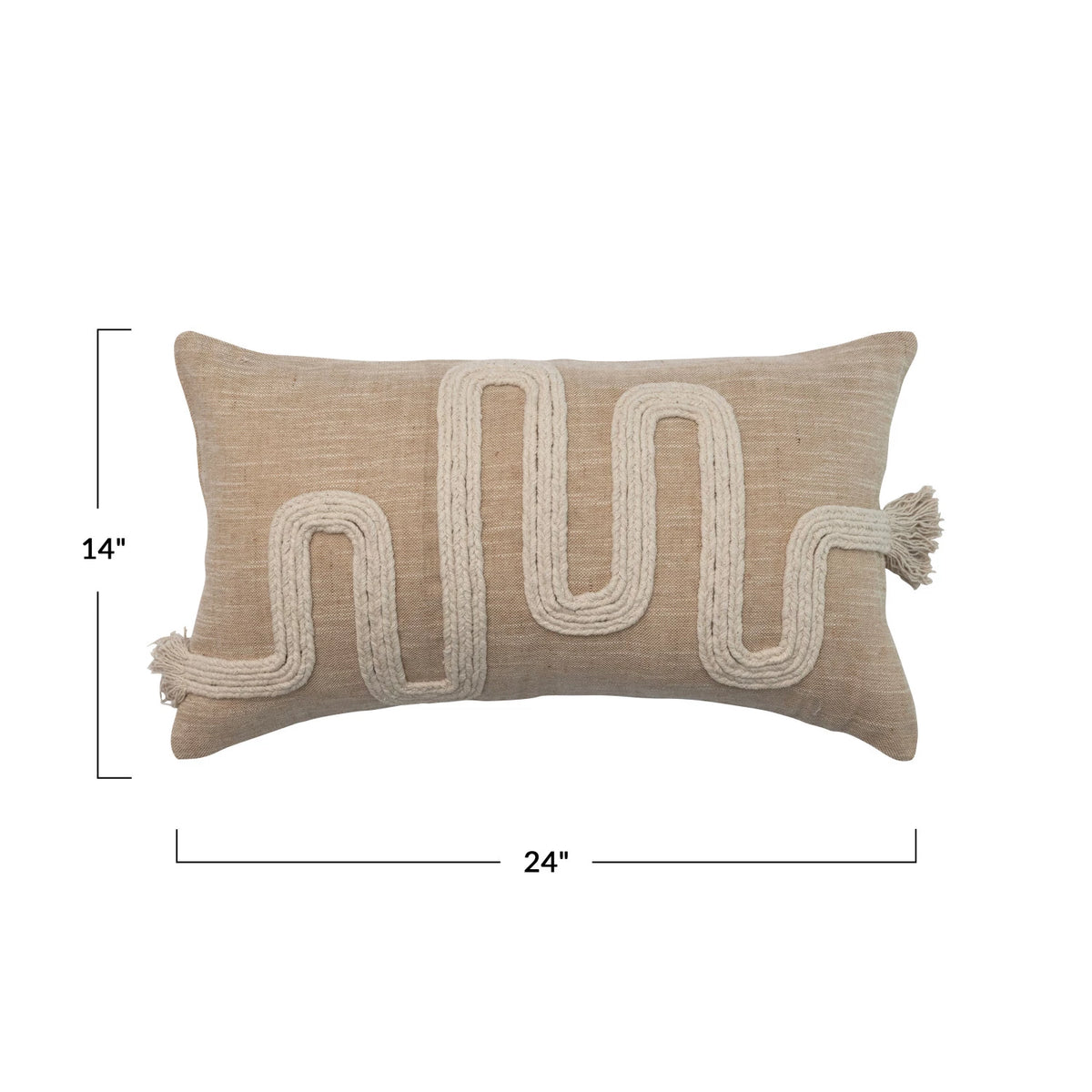 Tan Embroidered Cotton & Jute Lumbar Pillow with Fringe