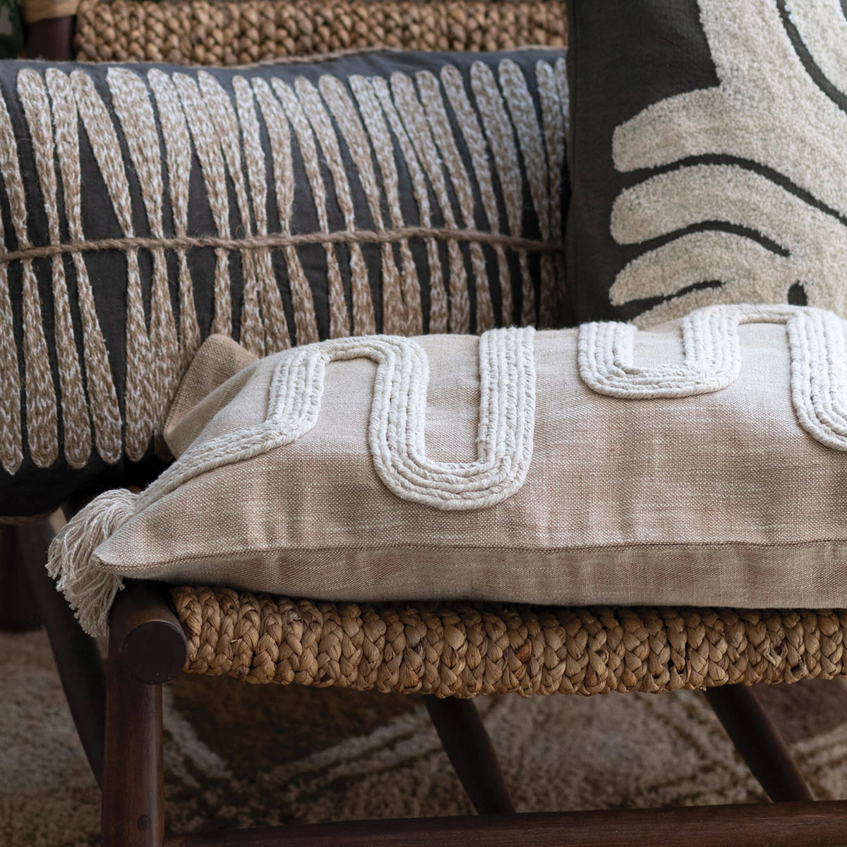 Tan Embroidered Cotton & Jute Lumbar Pillow with Fringe