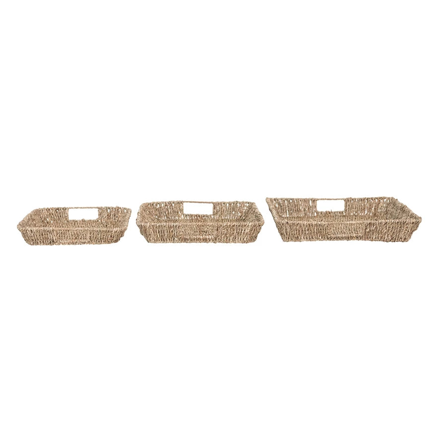 Natural Hand-Woven Seagrass & Metal Decorative Tray with Handles - 3 Sizes