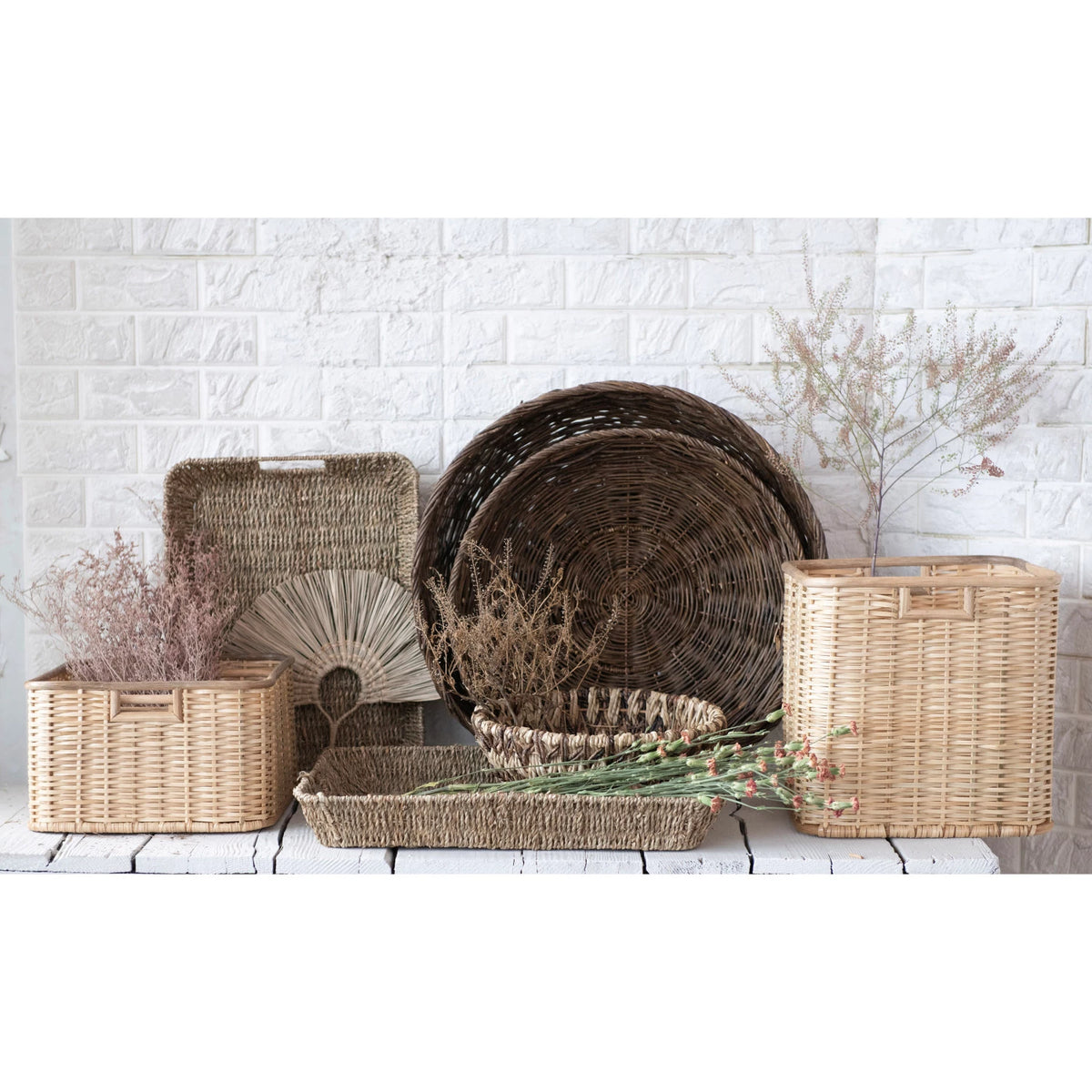Natural Hand-Woven Seagrass & Metal Decorative Tray with Handles - 3 Sizes