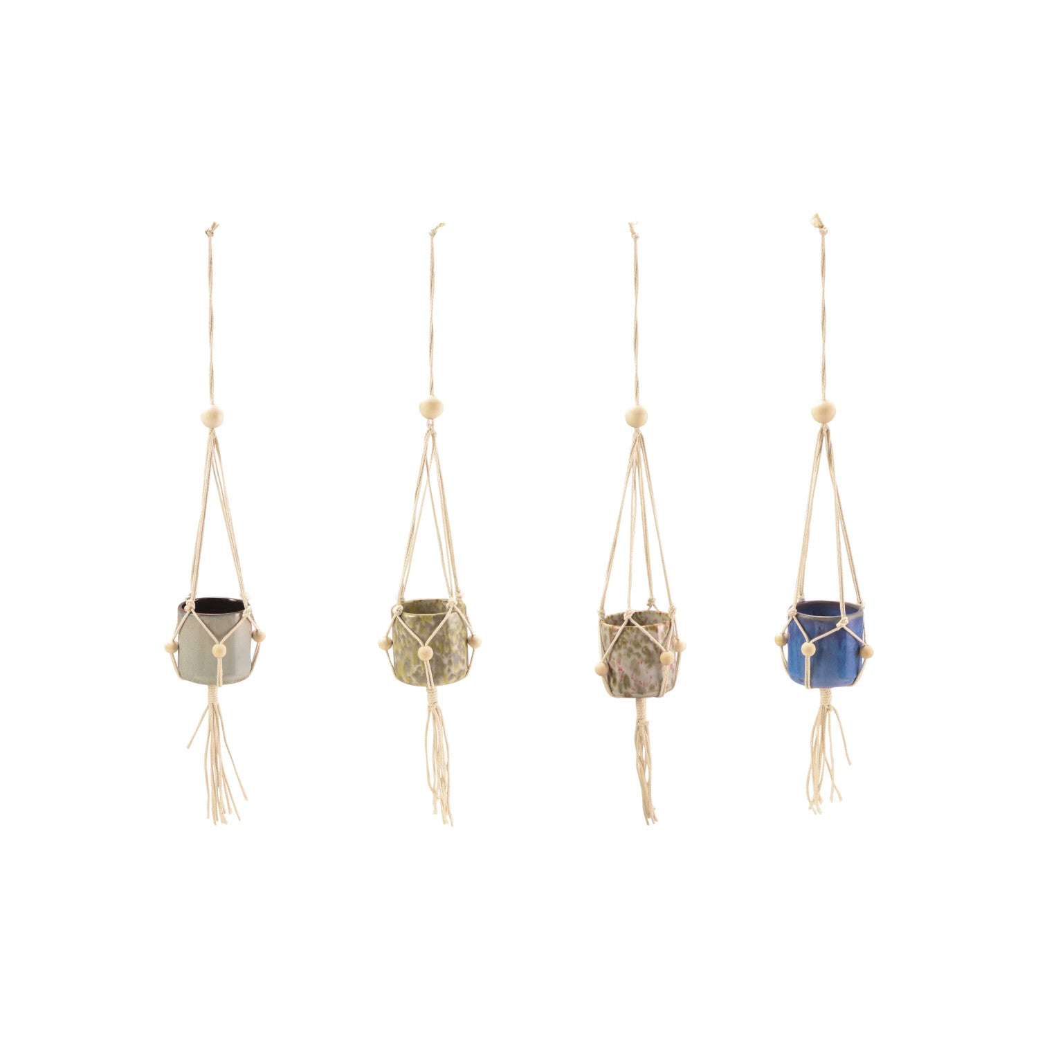 Plant Hanger w/ Wood Beads & Stoneware Planter, Set of 2, 4 Styles (Each One Will Vary)