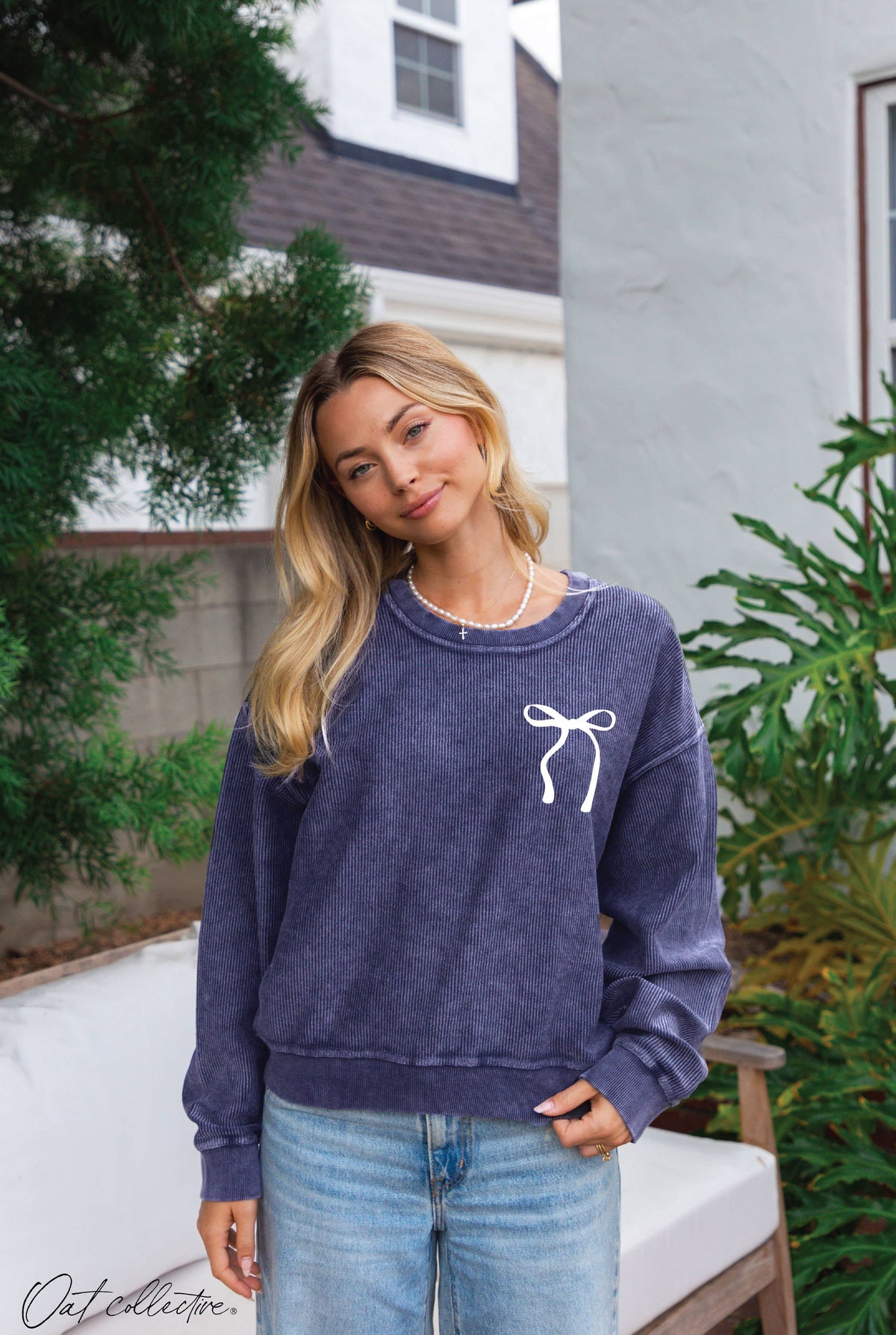 RIBBON BOW Cropped Thermal Vintage Pullover