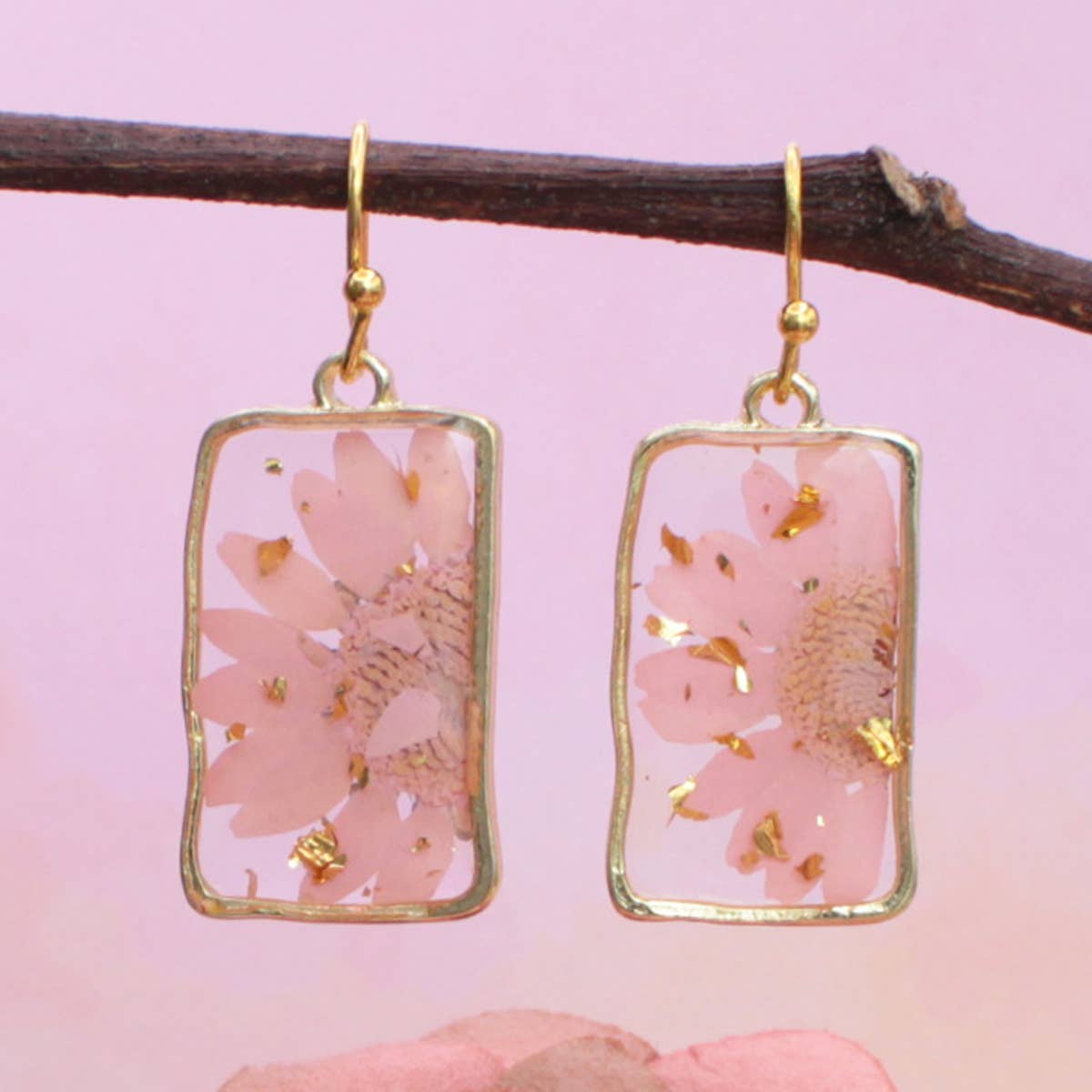 Pink Dried Flower Rectangle Gold Earrings