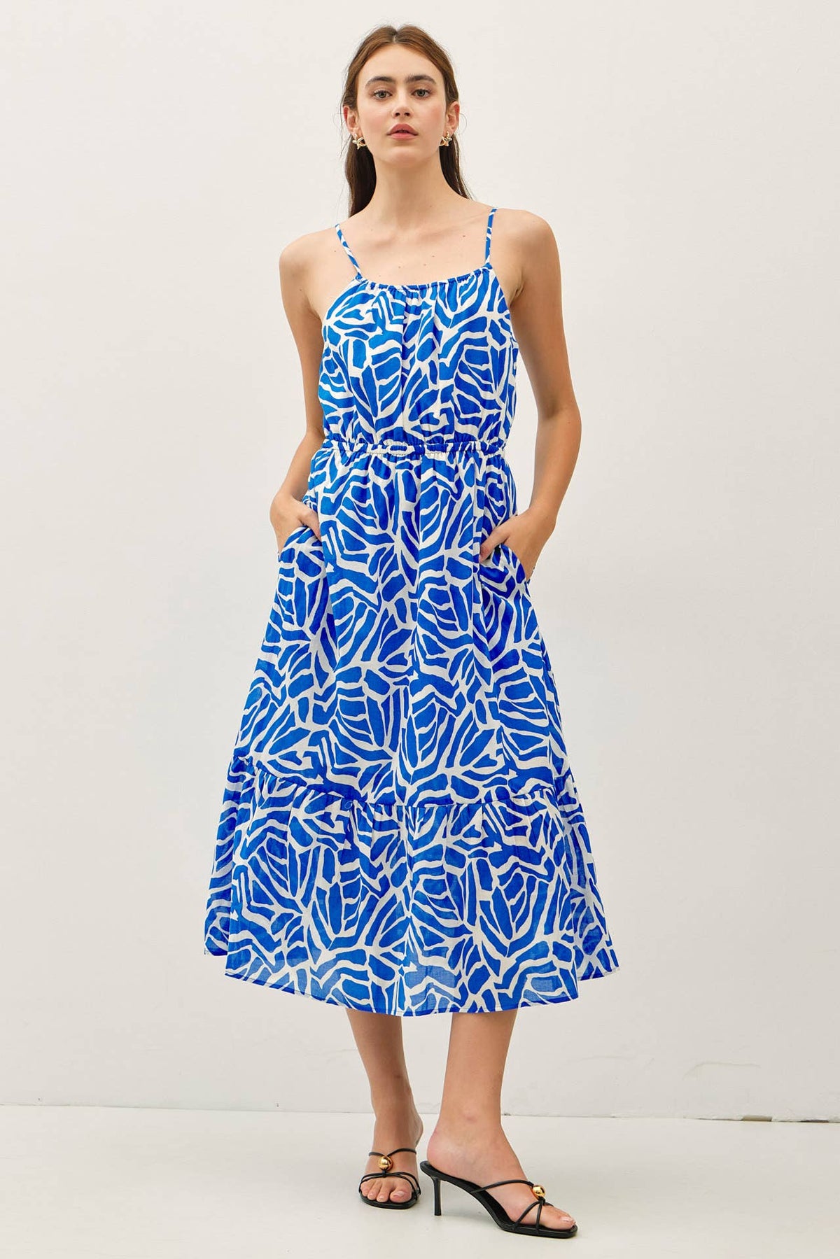 GEO PRINTED COTTON MIDI DRESS W/ BANDING AT WAIST