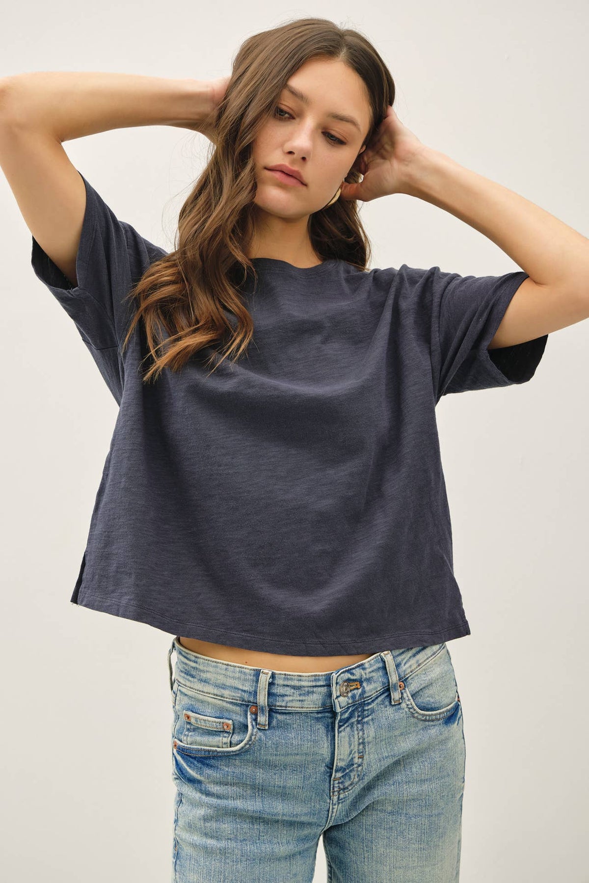 GARMENT DYE COTTON SLUB DROP SHOULDER BOXY CROP TEE