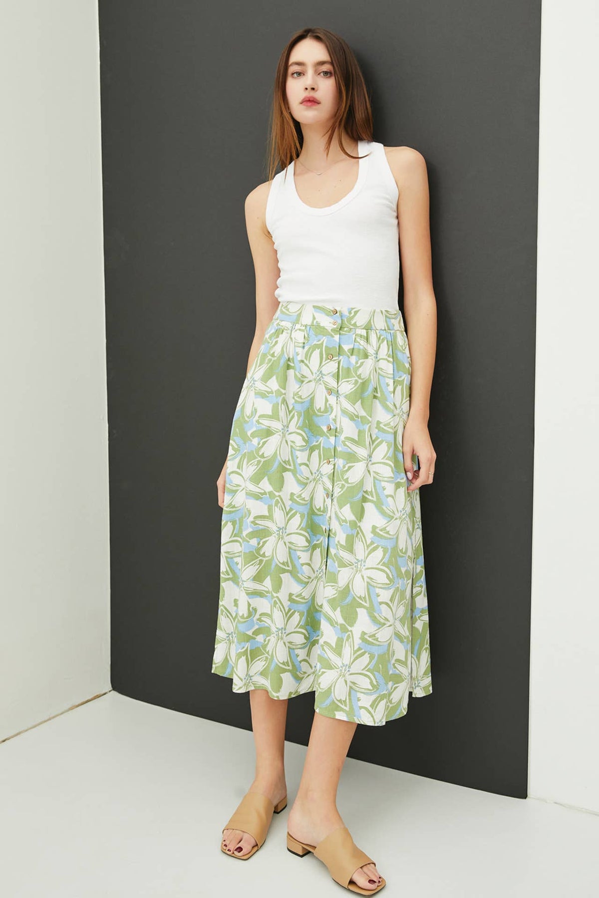 LINEN BLEND BUTTON FRONT MIDI SKIRT