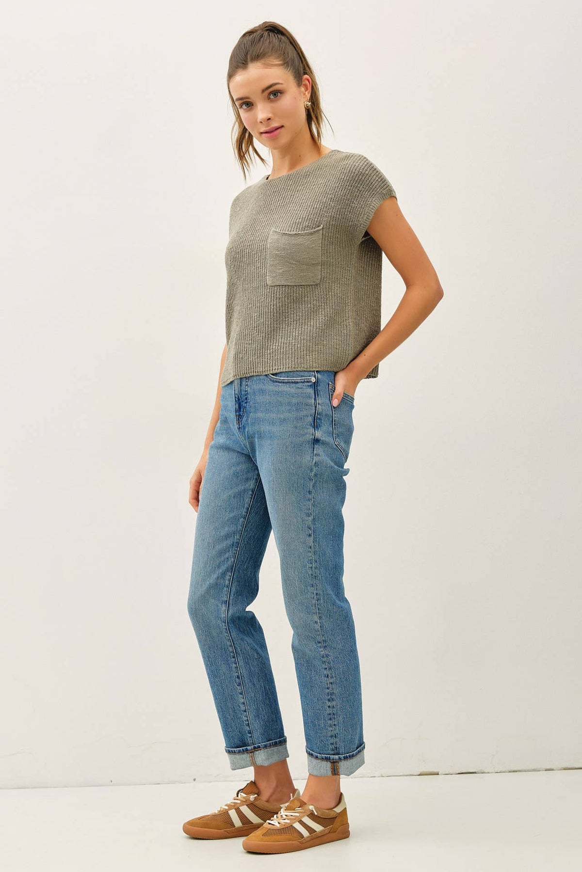 POCKET DOLMAN CAP SLEEVE BOXY KNIT