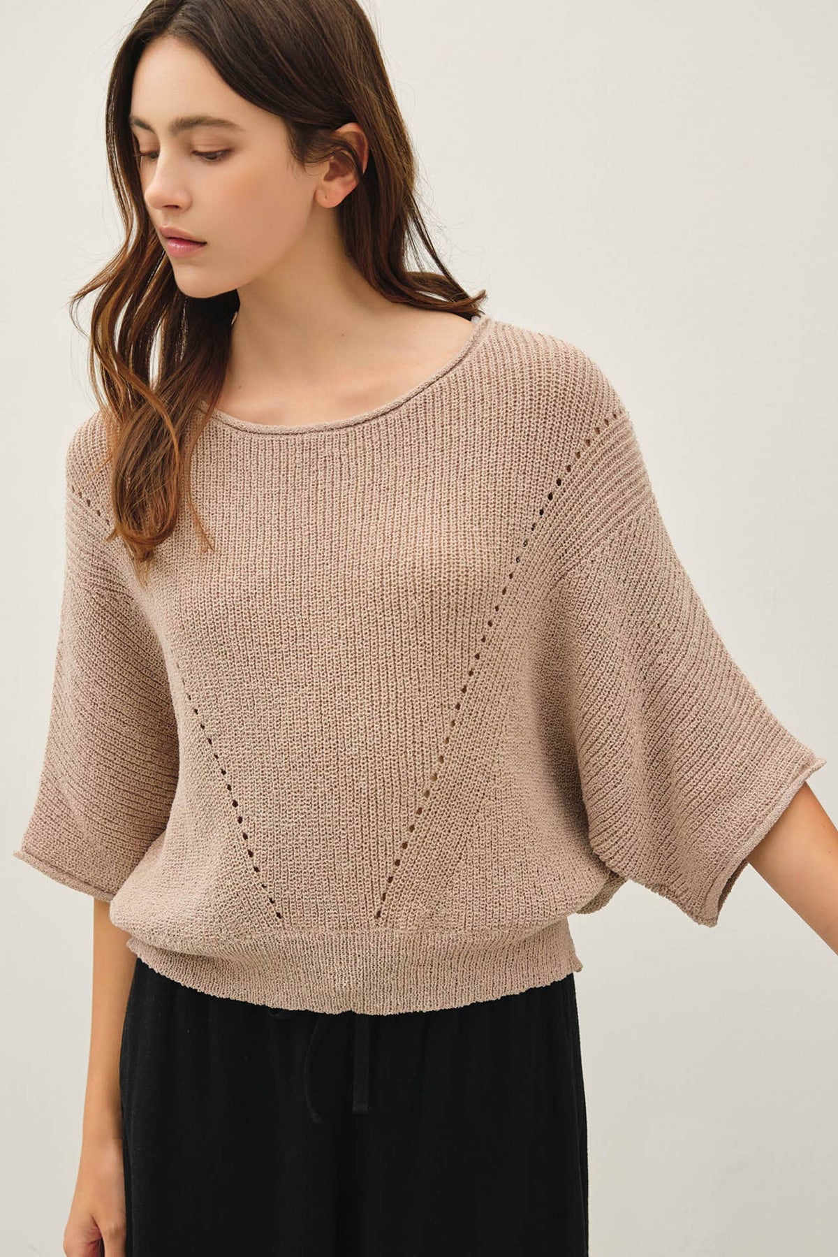 POINTELLE DOLMAN SLEEVE CROPPED SWEATER