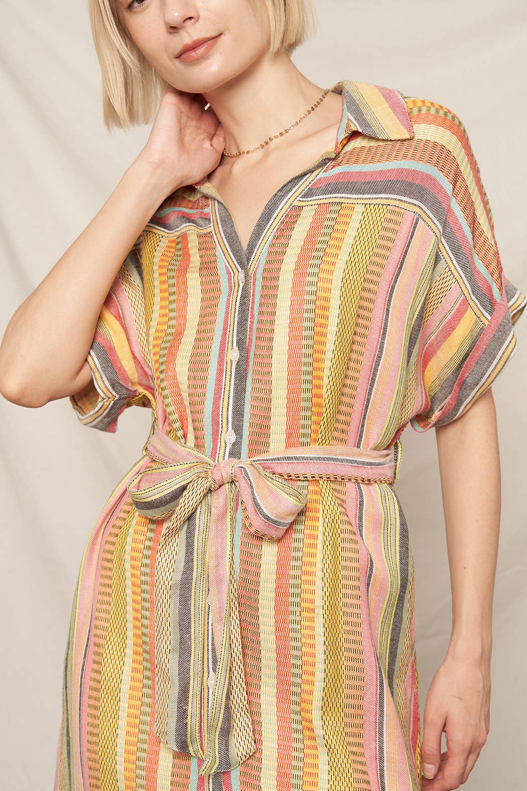 Multicolor Striped Belted Mini Shirt Dress