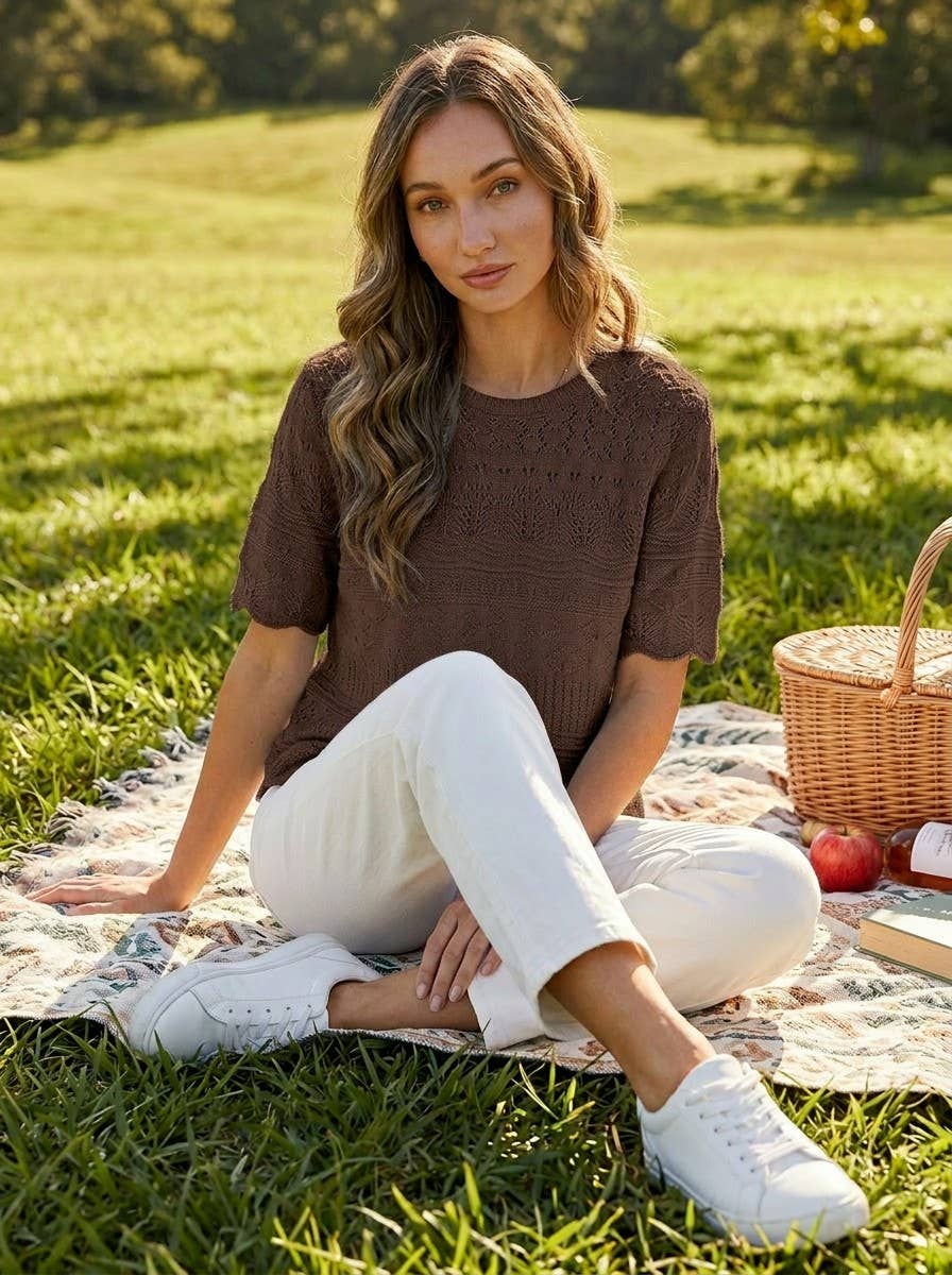 Textured 100% Cotton Crochet Casual Knitted Sweater VT82922