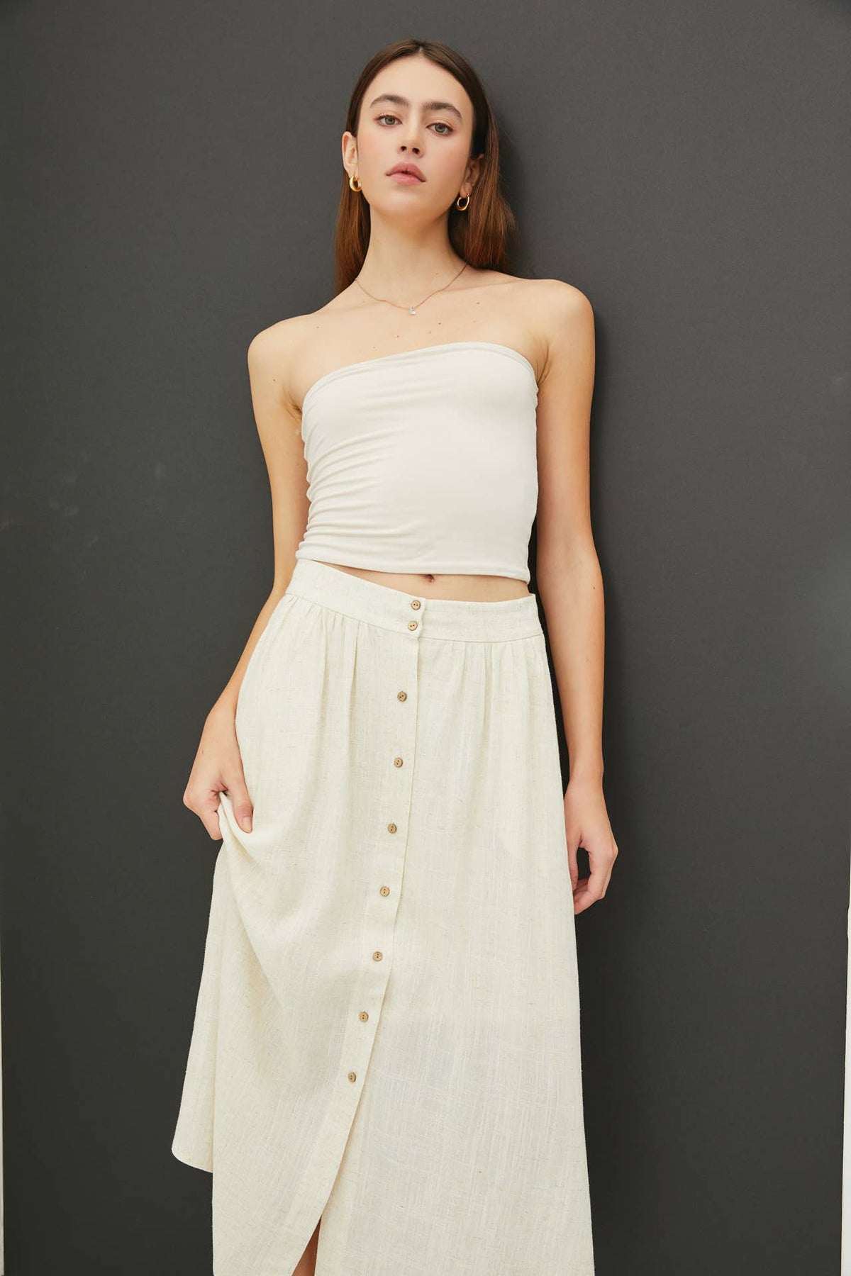 LINEN BLEND BUTTON FRONT MIDI SKIRT