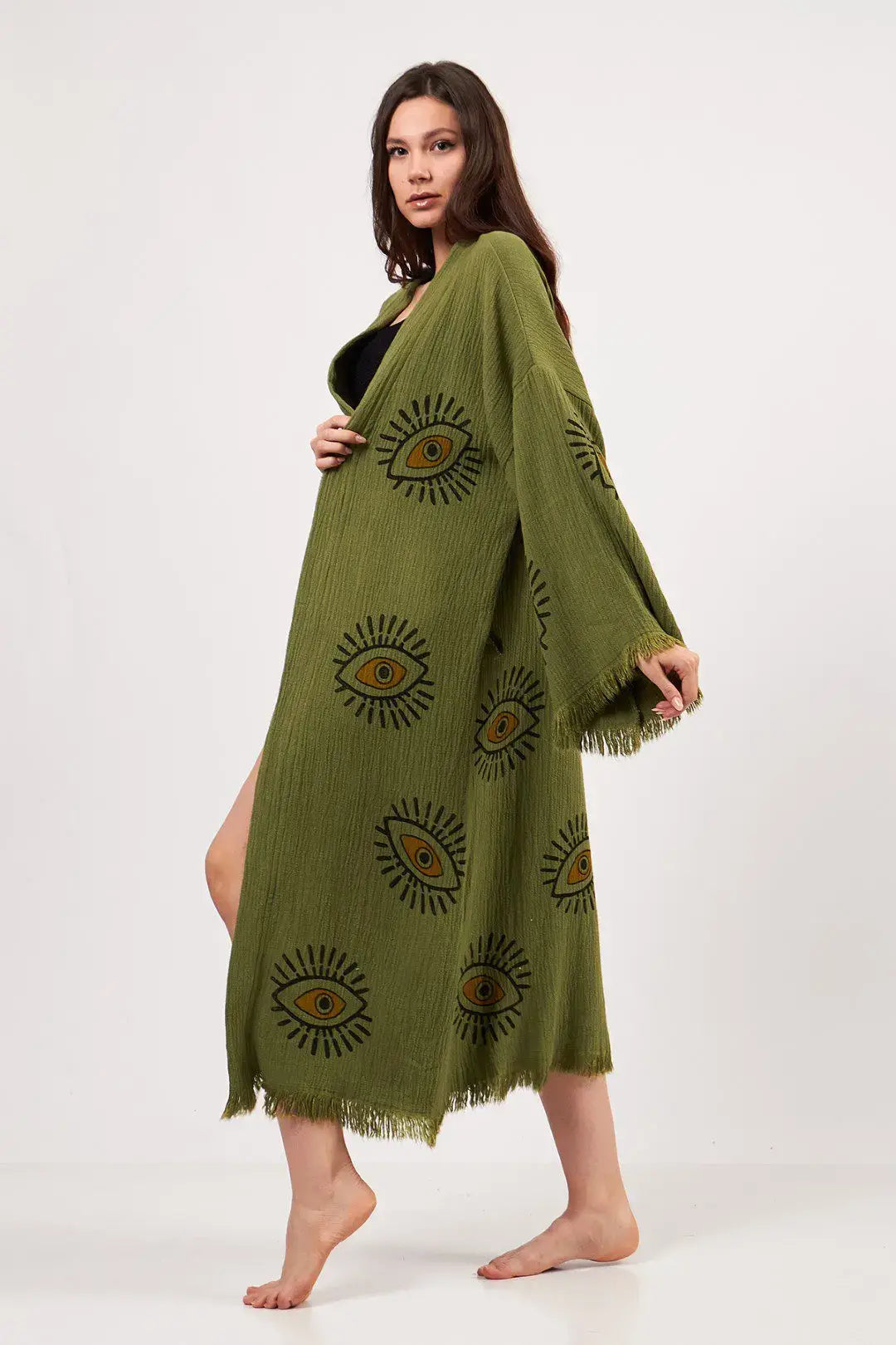 Green Evil Eye Kimono, Cotton Kaftan Kimono, Evil Eye Robes