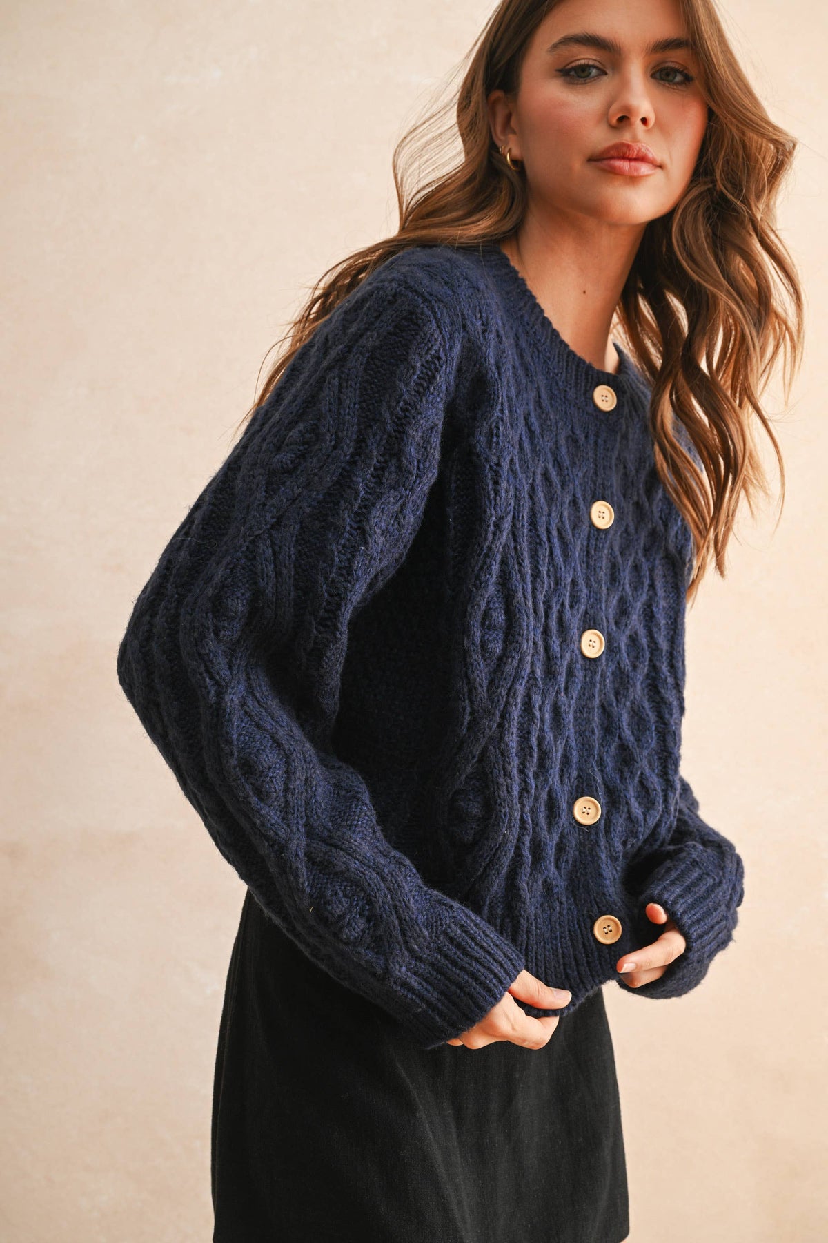 BUTTON FRONT CABLE KNITTED CARDIGAN