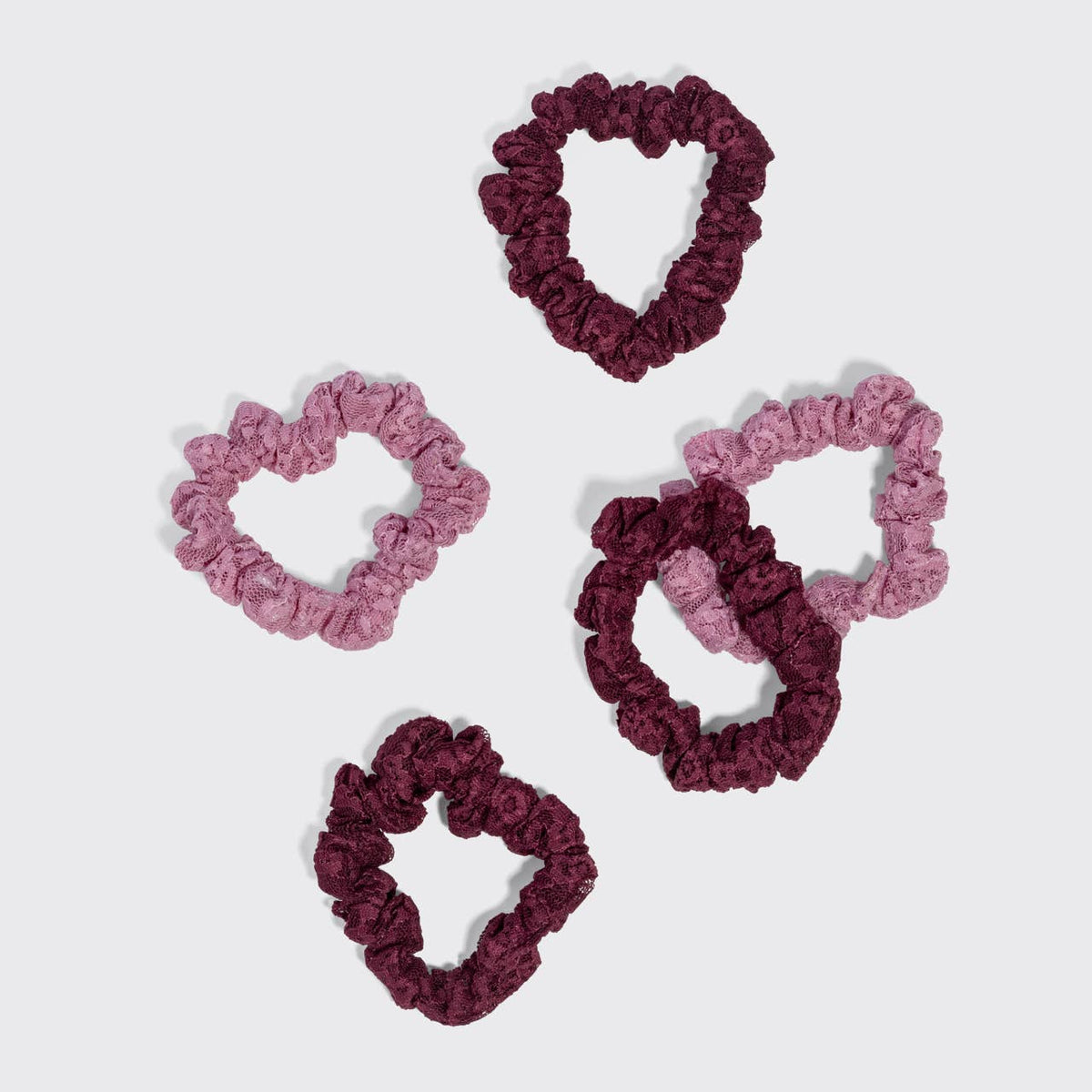 Ruched Lace Scrunchies 5pc Set - Cherry Lacquer & Dusty Pink