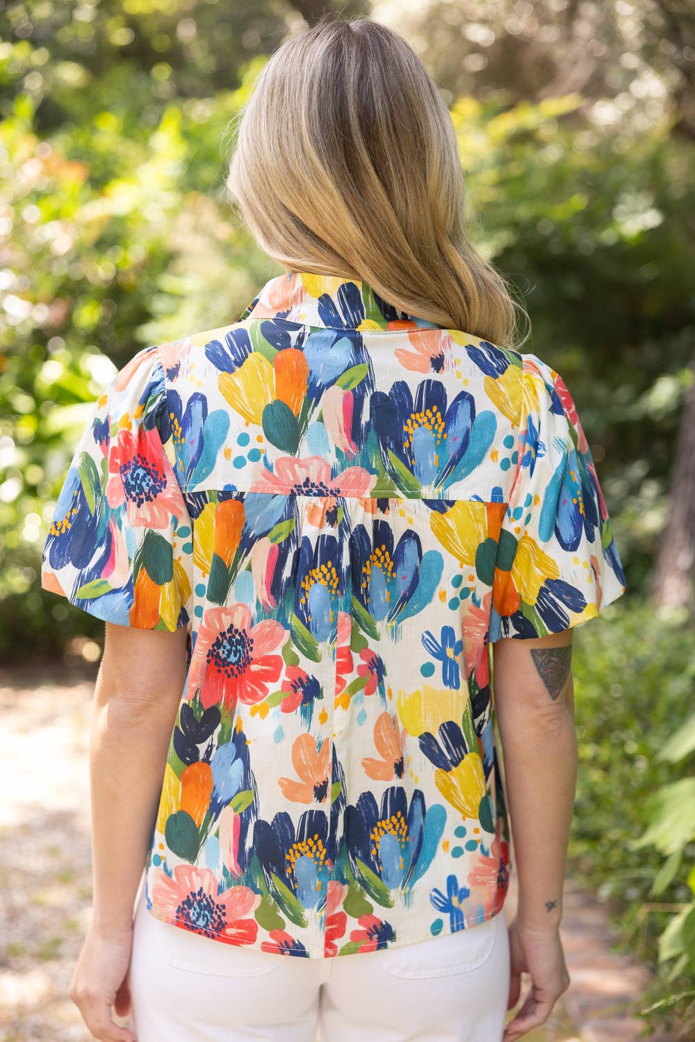 36699 Stripe Quarter Zip Watercolor Floral Print Top