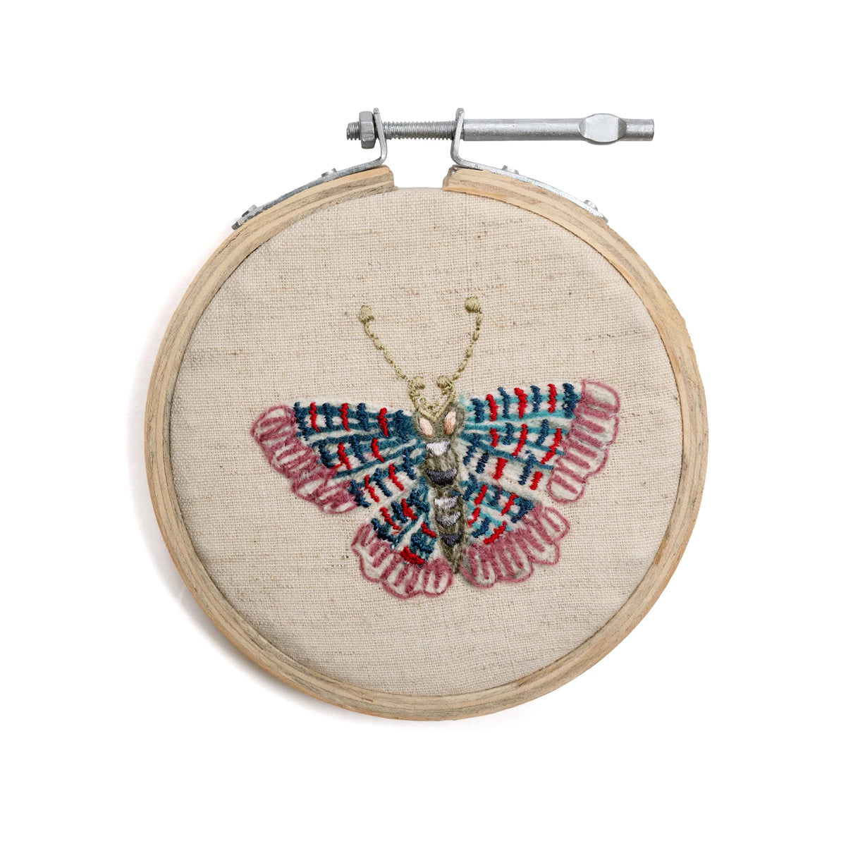 Small Butterfly Embroidery Hoop Collection -Red & Blue Striped Wing- 4” Diameter