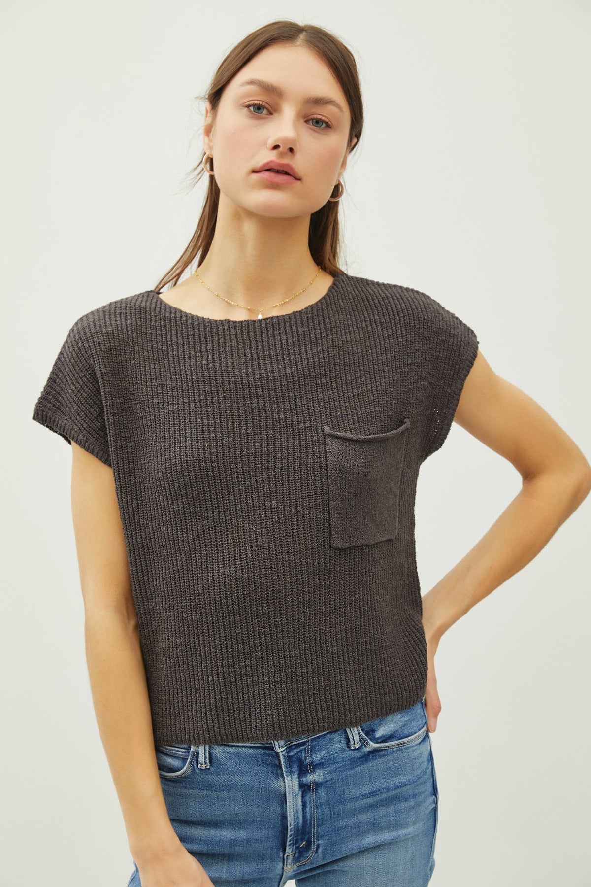 POCKET DOLMAN CAP SLEEVE BOXY KNIT
