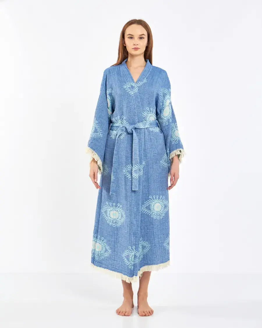 Blue Evil Eye Kimono, Long Cotton Robe, Cotton Kafthan