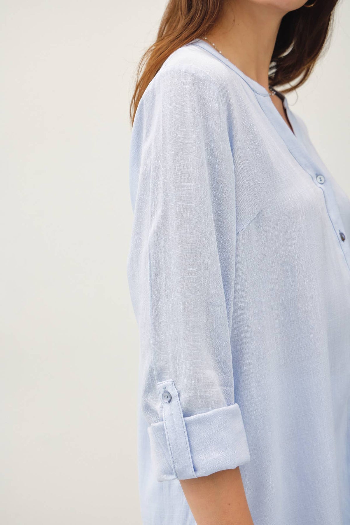 V-NECK MANDARIN COLLAR BUTTON DOWN SHIRT
