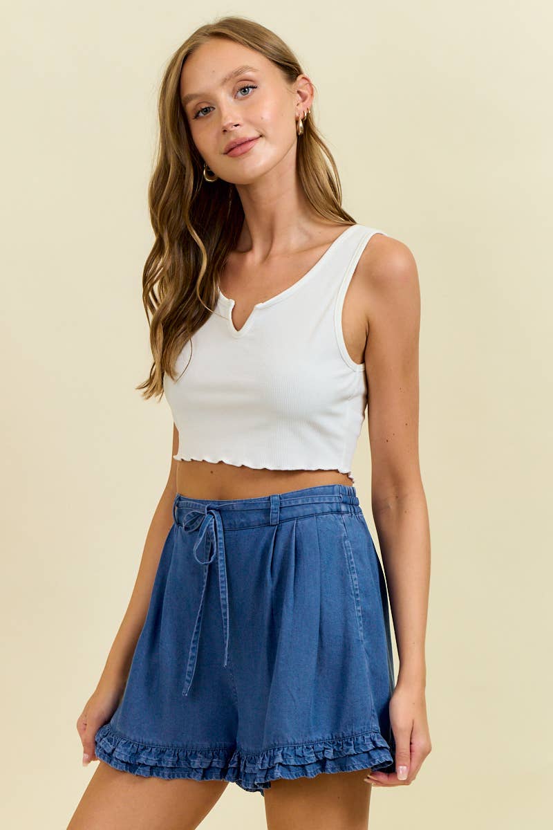 TENCEL RUFFLE SHORTS W/ TIE BELT