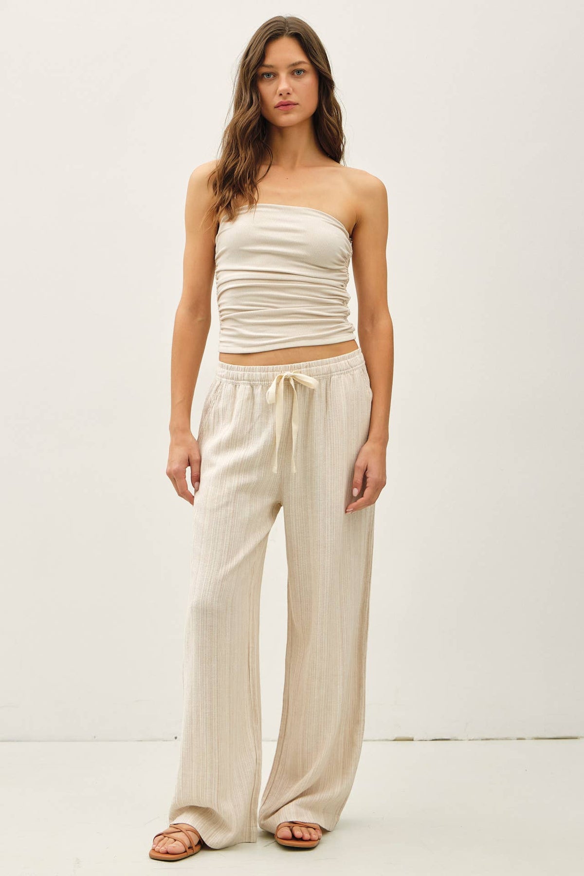 STRIPED LINEN WIDE LEG PANTS