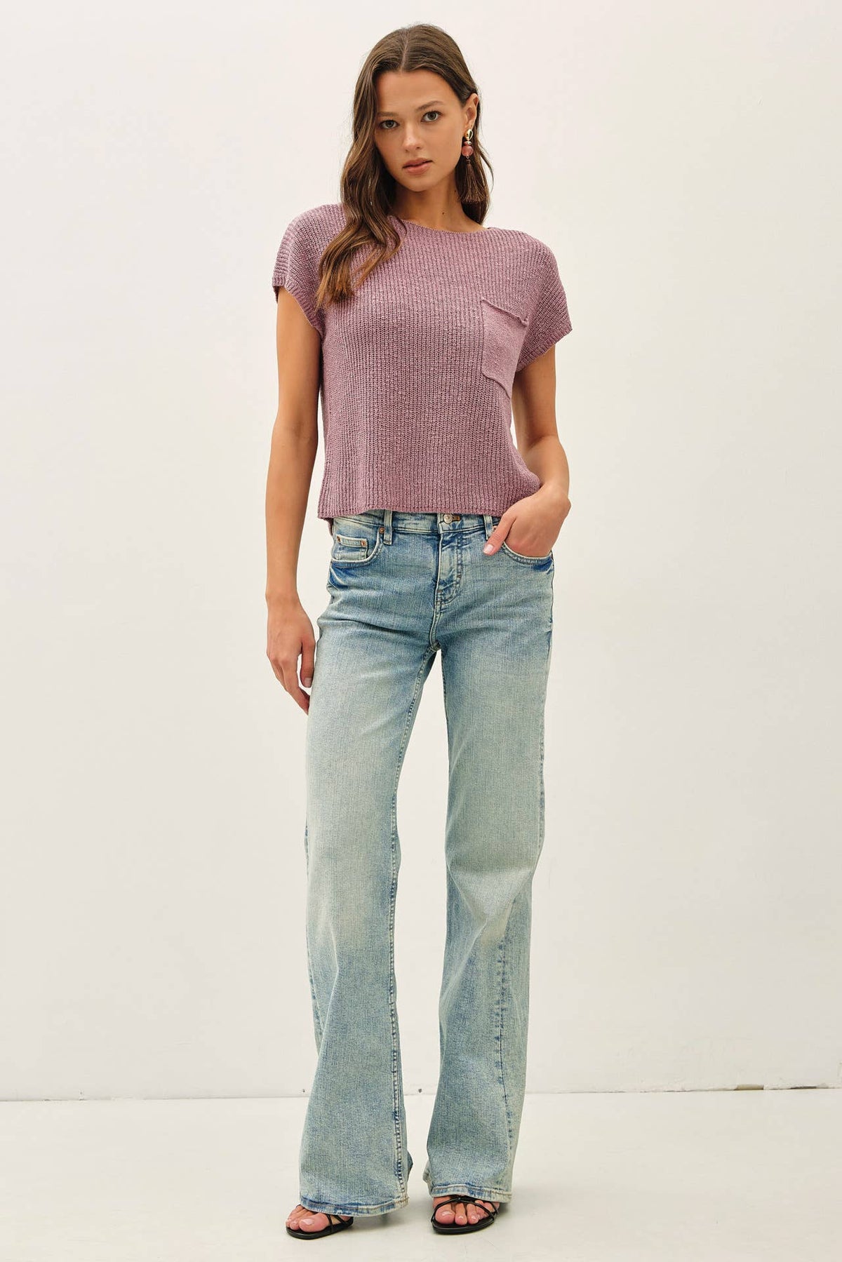 PATCH POCKET DOLMAN CAP SLEEVE BOXY KNIT