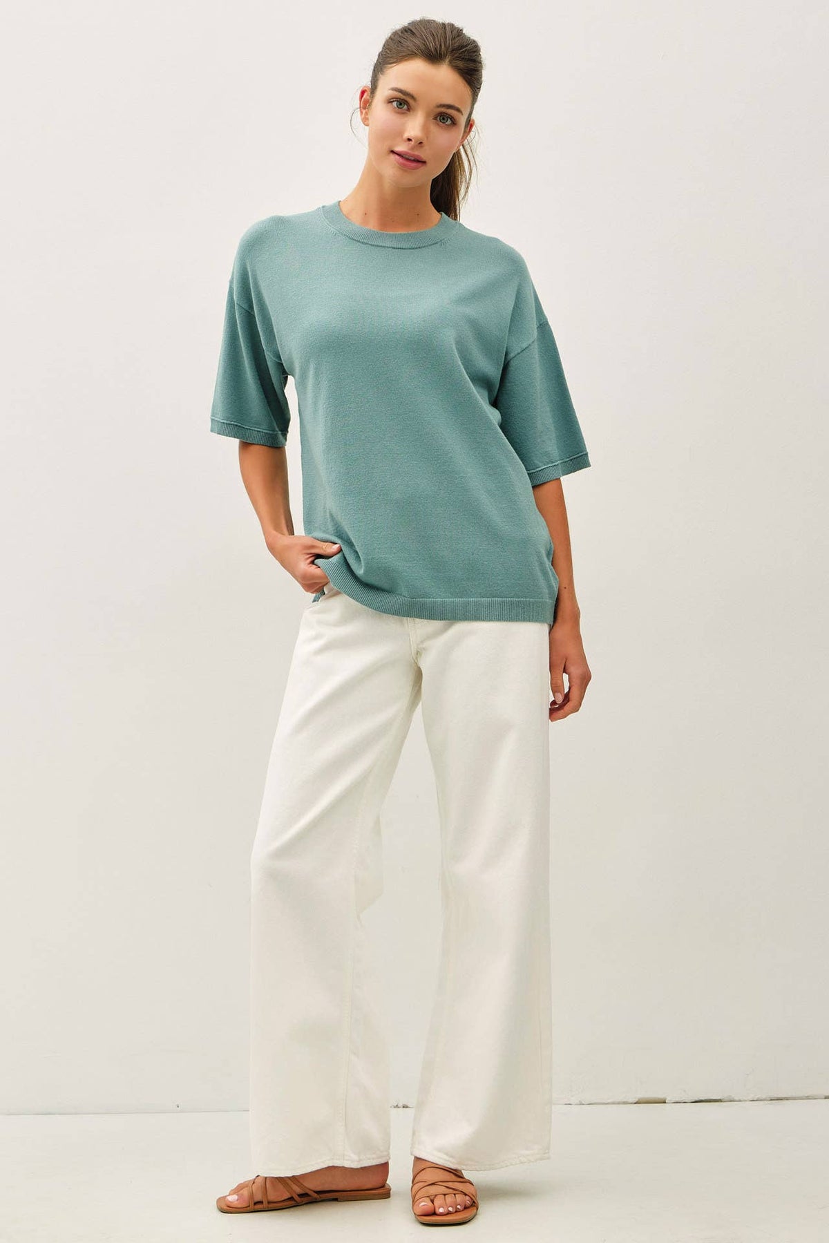 BOXY FIT HALF SLEEVE CREWNECK SWEATER