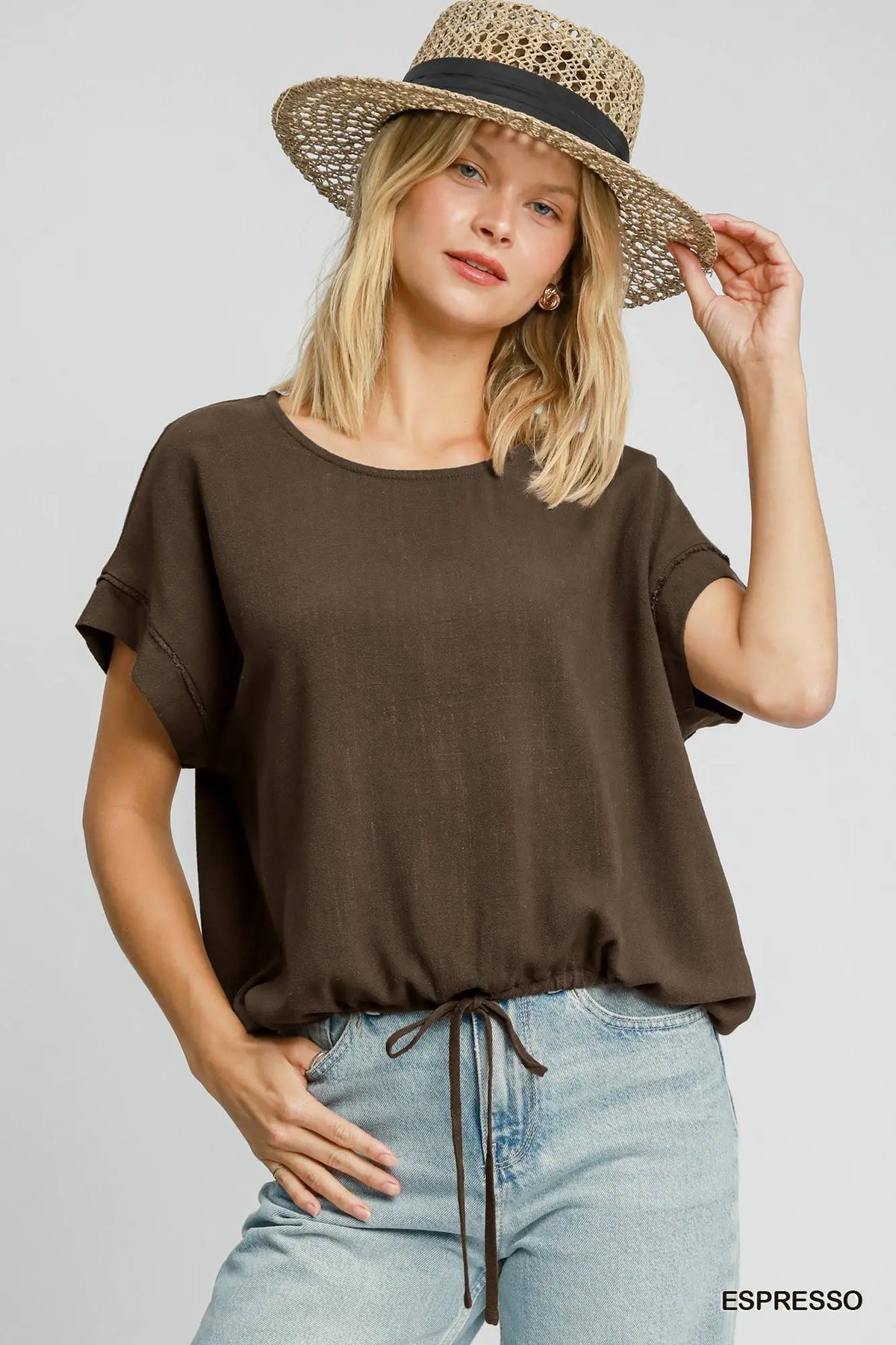 Drawstring Linen Blend Top
