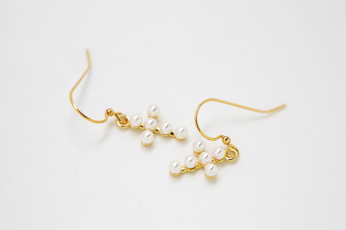 Earring  Cross Pearl Glass,Stainless Steel French Hooks Gold