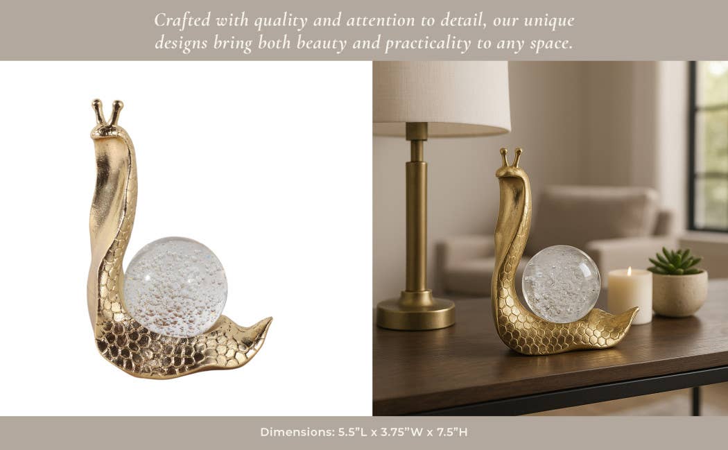 Decorative Figurine - Gold Resin Snail Glass Ball, 8 in.