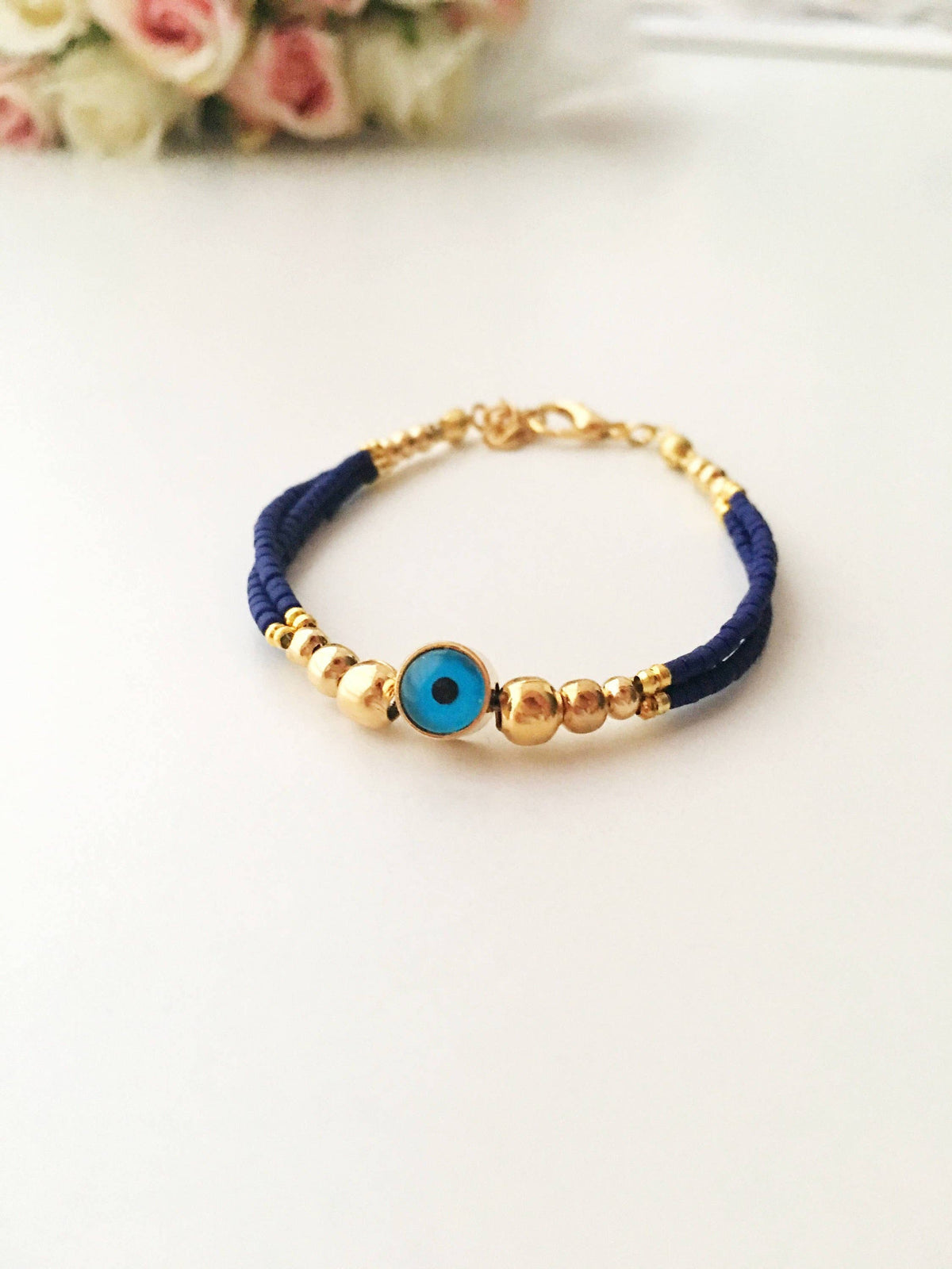 Blue Evil Eye Bracelet, Seed Beads Bracelet, Evil Eye Charm Bracelet