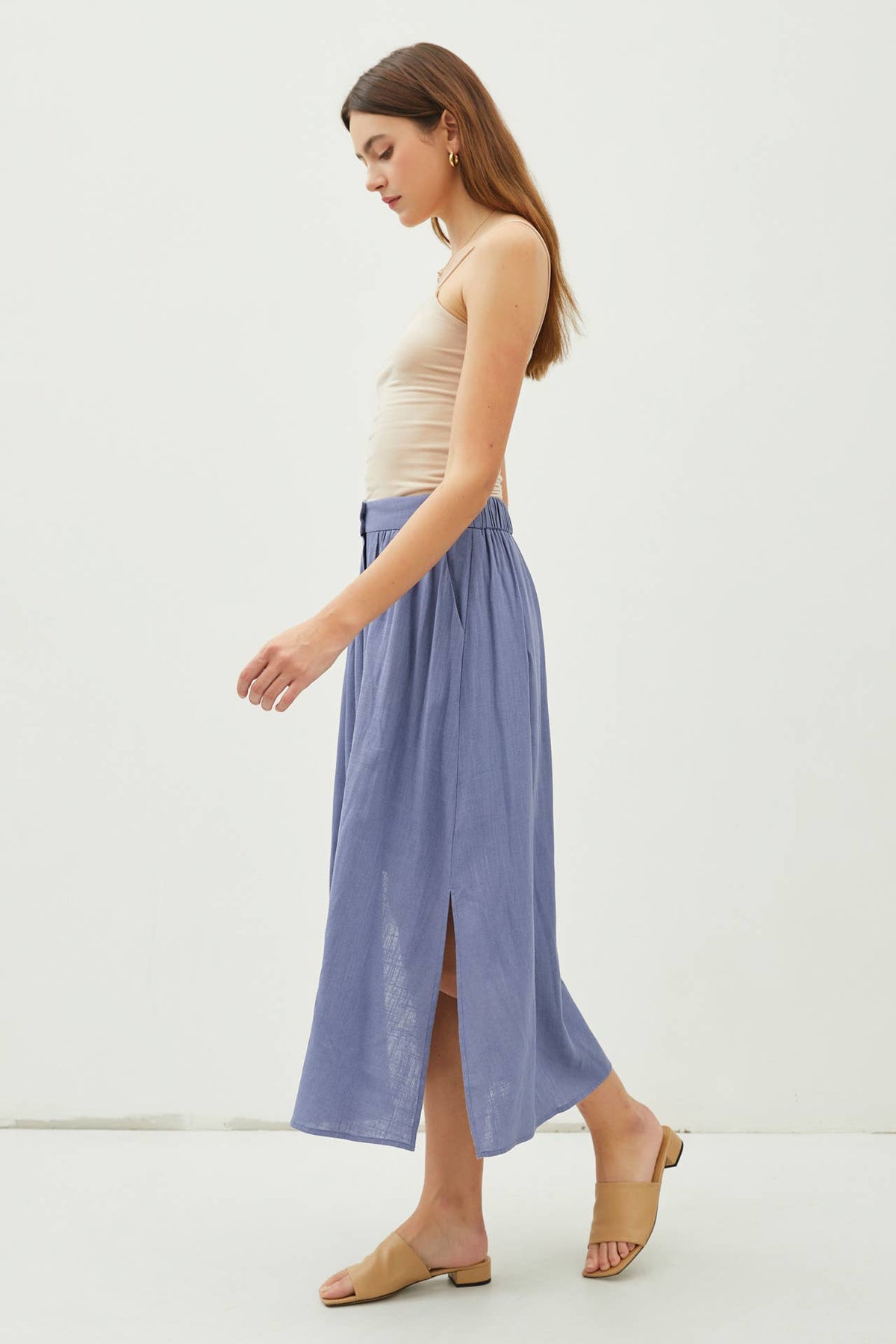 LINEN BLEND BUTTON FRONT MIDI SKIRT