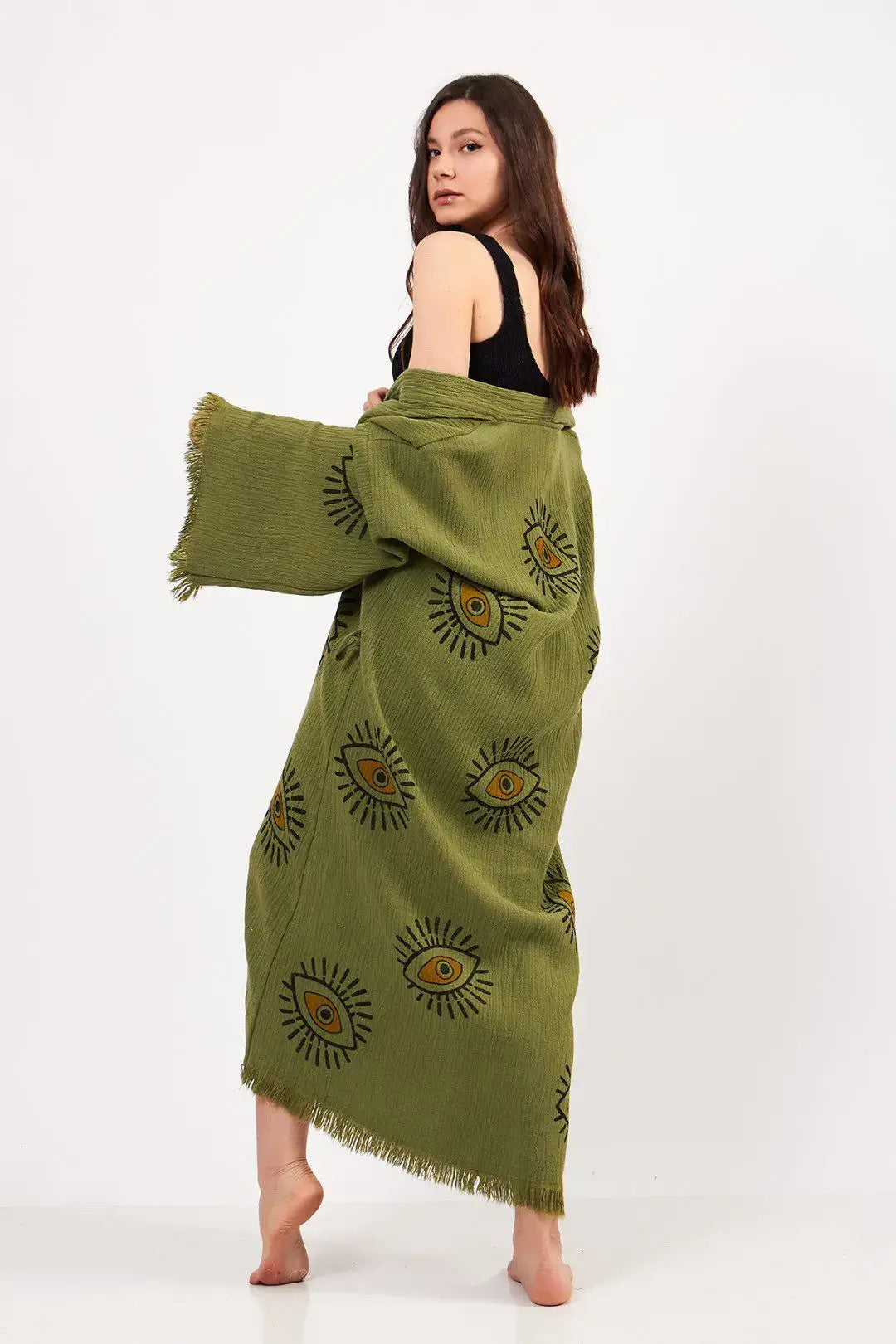 Green Evil Eye Kimono, Cotton Kaftan Kimono, Evil Eye Robes