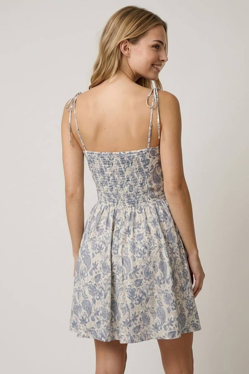 PLEATED TORSO FIT AND FLARE MINI DRESS