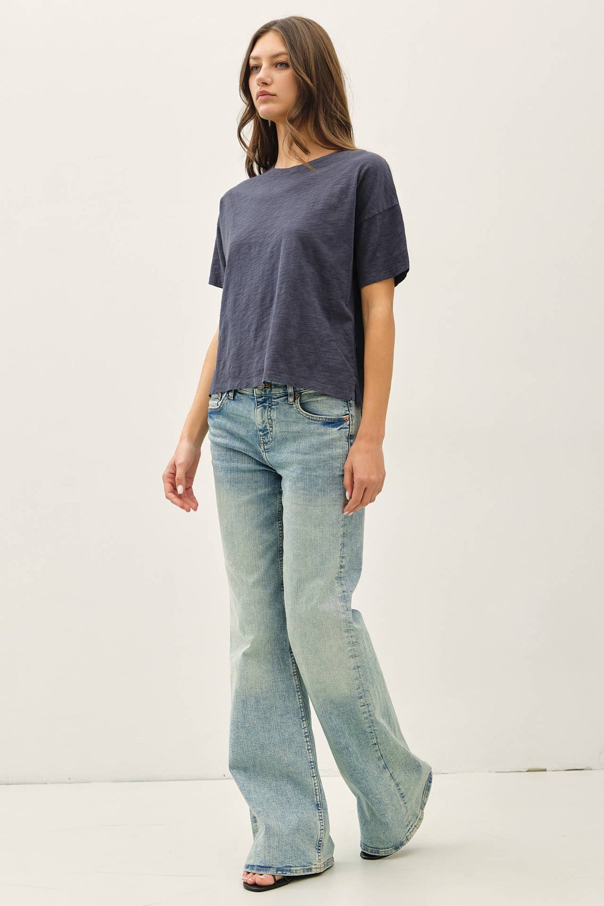 GARMENT DYE COTTON SLUB DROP SHOULDER BOXY CROP TEE