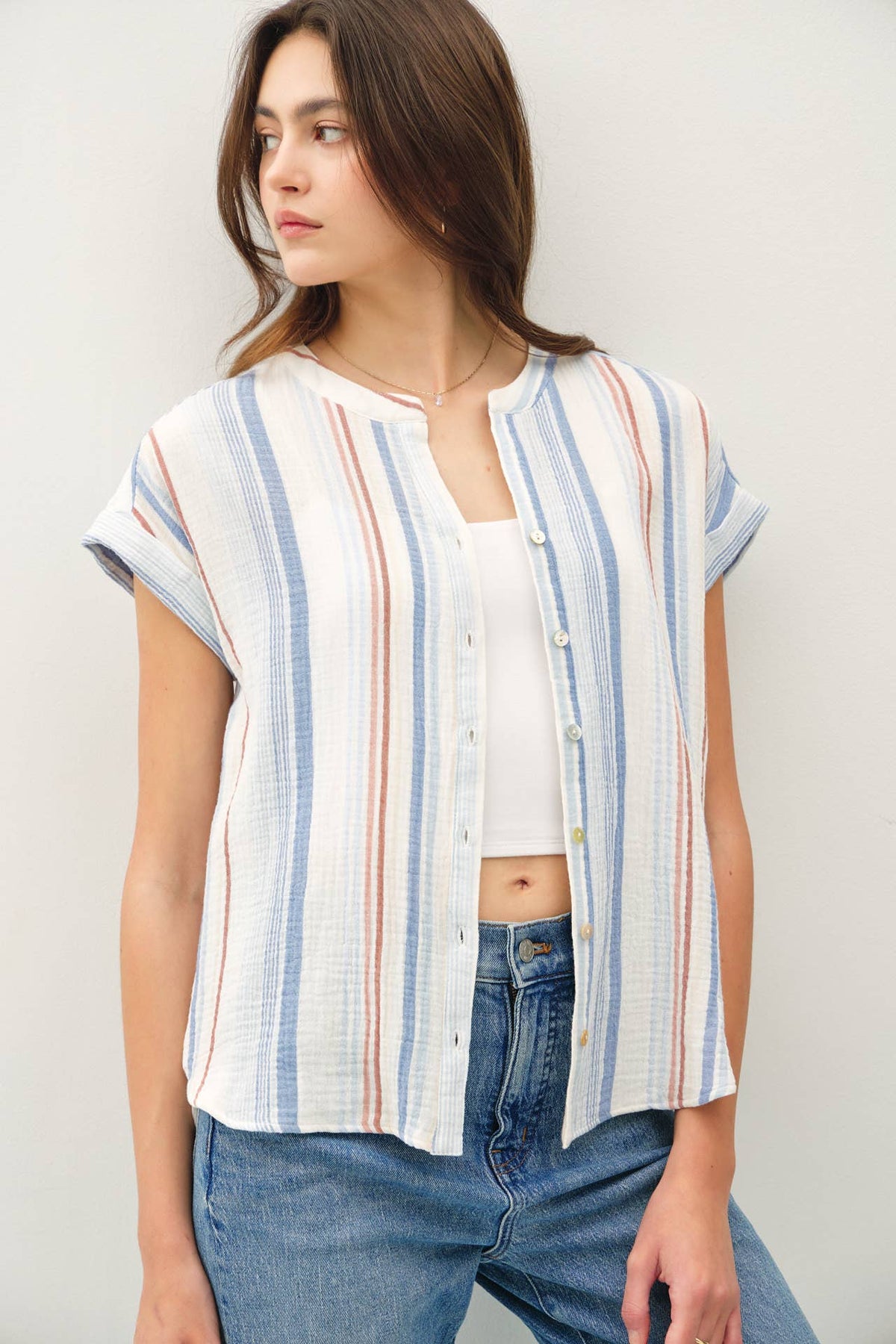 STRIPED, GAUZY BUTTON UP CAP SLEEVE TOP