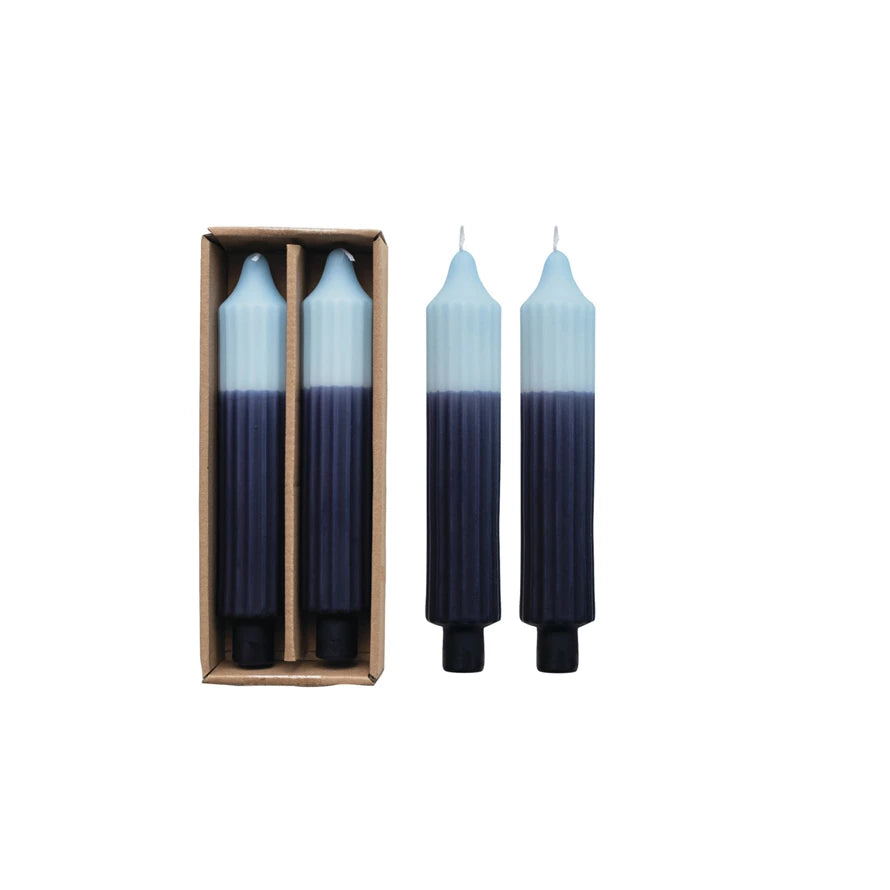 Two-Tone Blue Unscented 8" Pleated Taper Candles - Boxed Set of 2