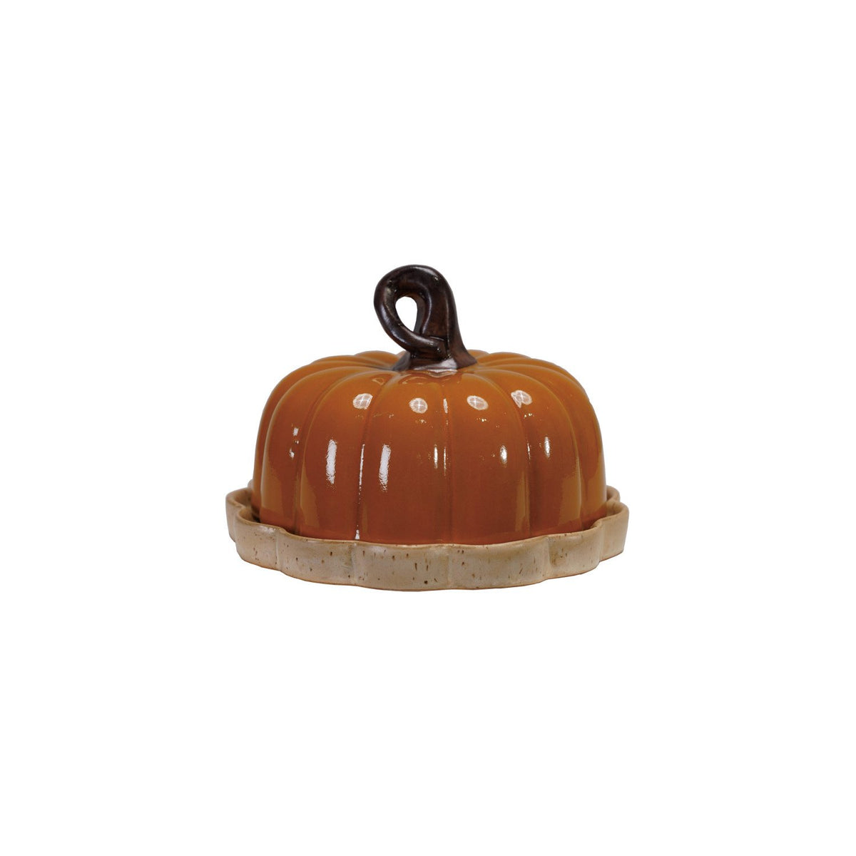 Stoneware Pumpkin Shaped Butter Dish with Stem Handle (Each Will Vary)