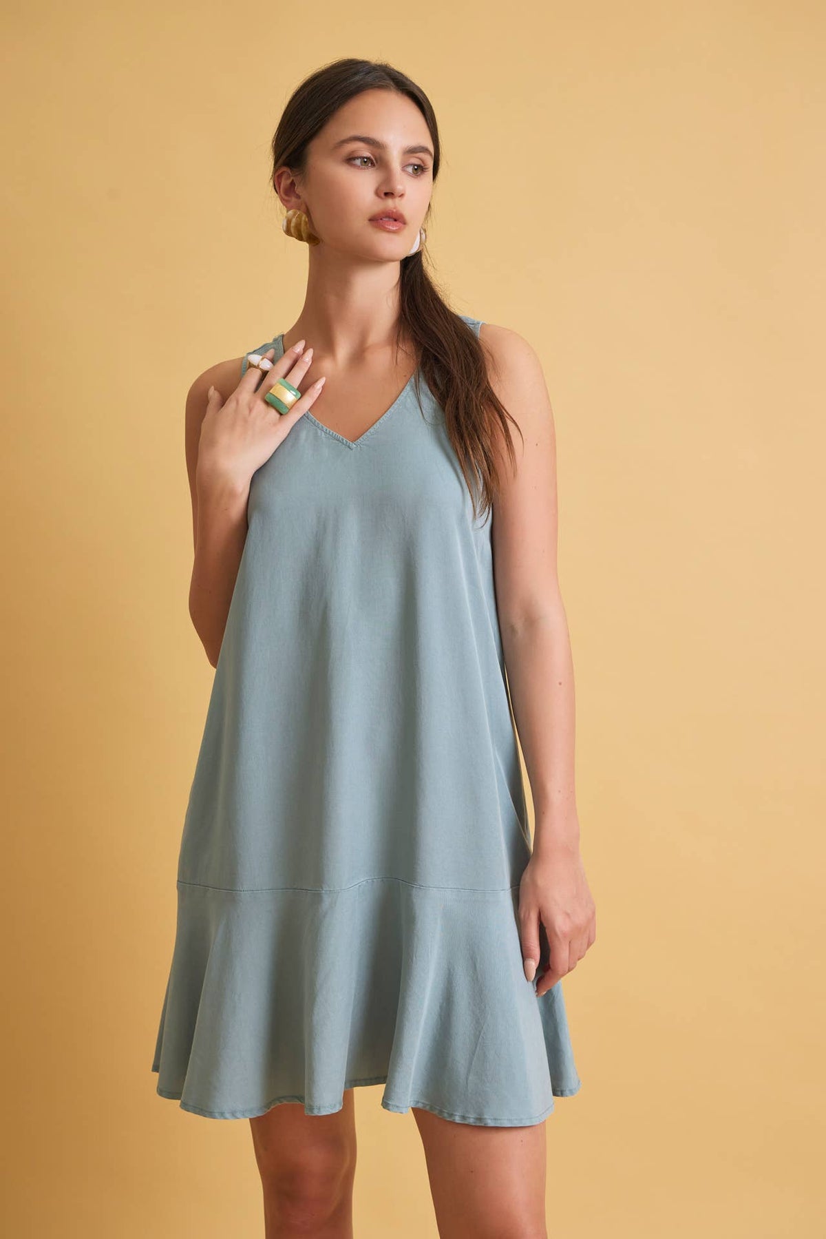 RUFFLE HEM TENCEL MINI DRESS