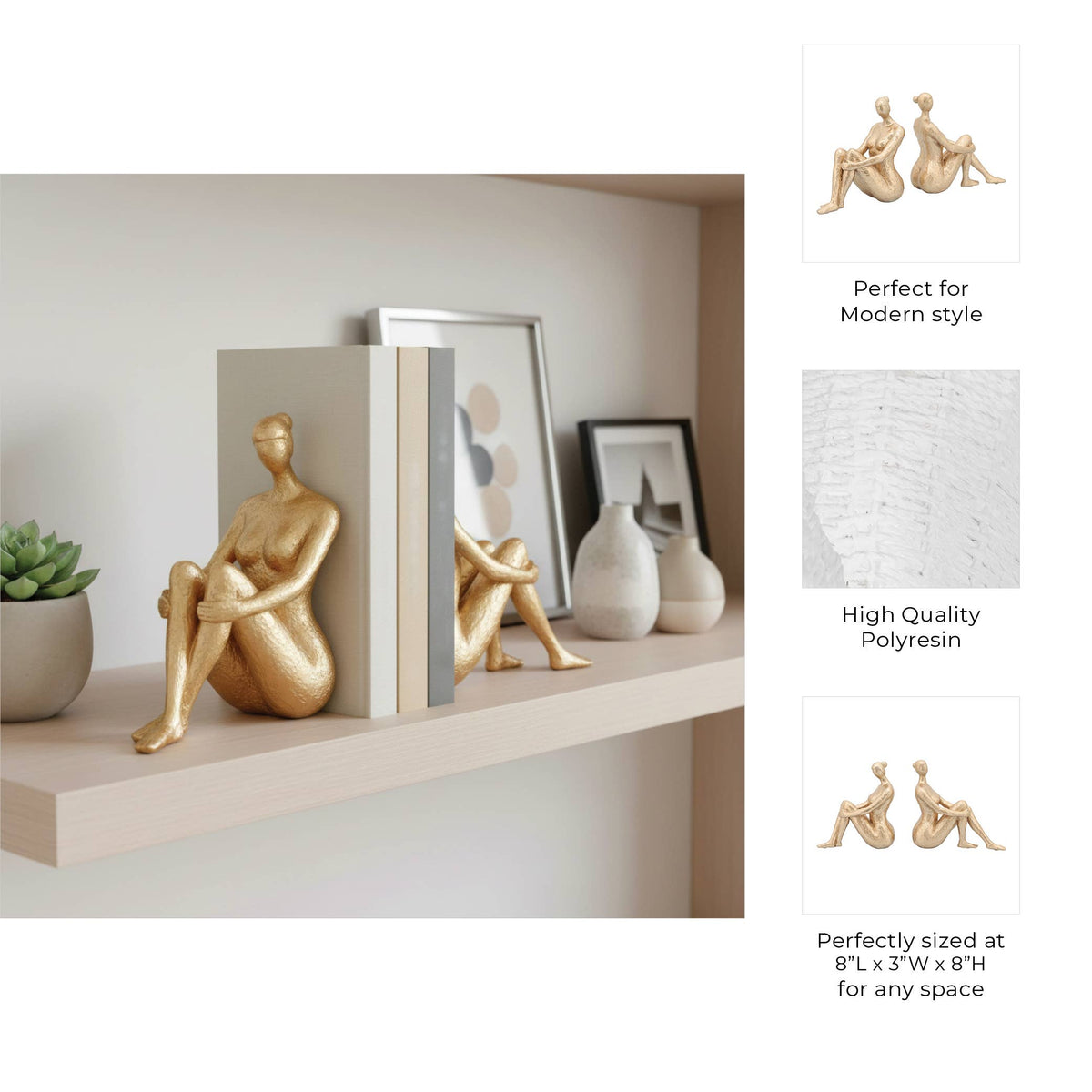 Bookends Set of 2 - Gold Resin Modern Lady Pair, 8 in.