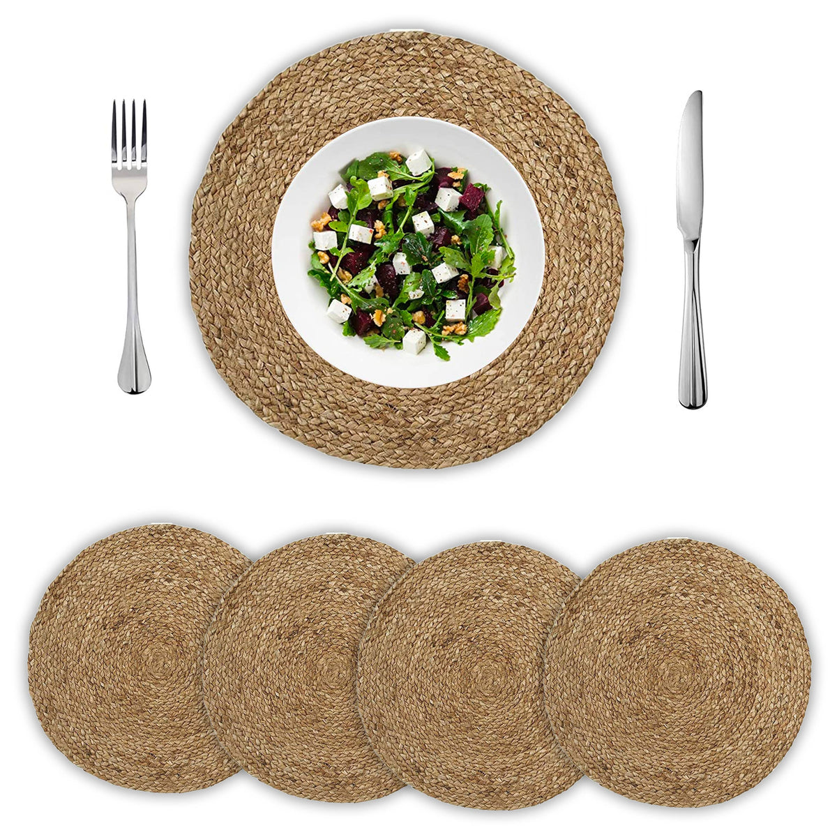 Natural Jute Hand Braided Round Placemats, Set of 4, 15 Inch