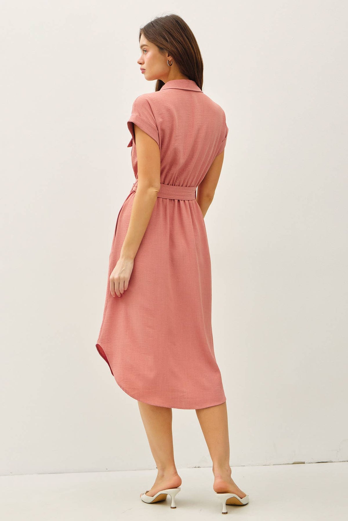 BUTTON UP SHORT SLEEVE MIDI DRESS W TIE