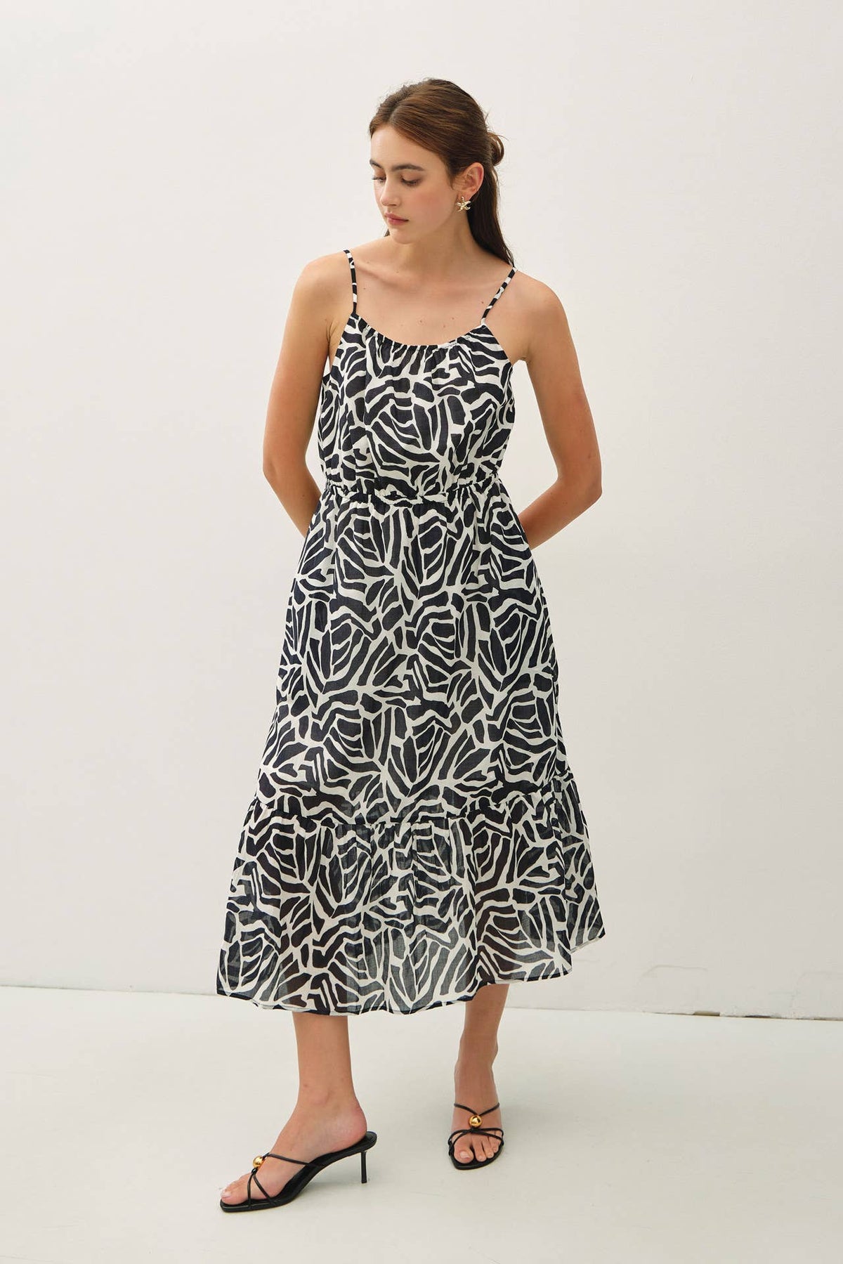 GEO PRINTED COTTON MIDI DRESS W/ BANDING AT WAIST