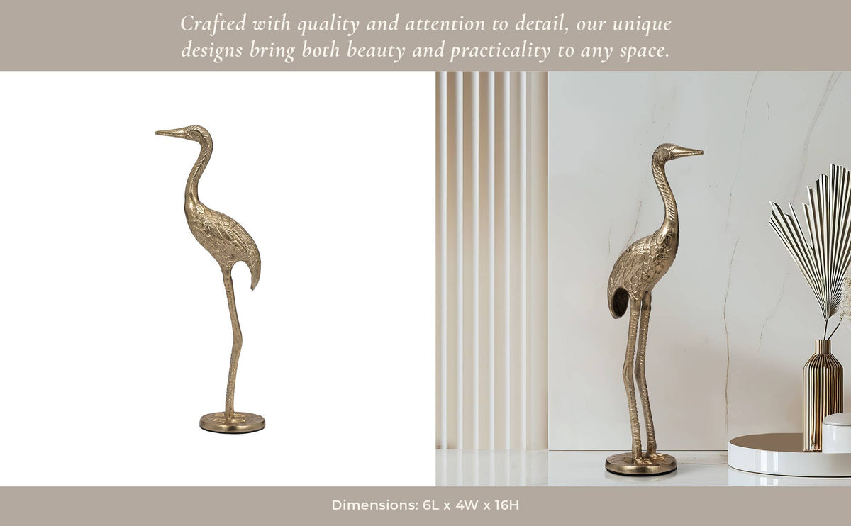Metal Standing Crane Gleaming Finish Figurine - Gold, 16 in.