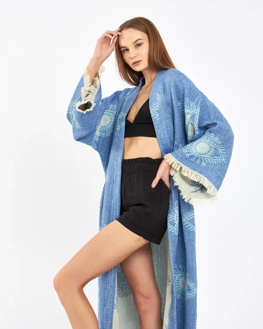 Blue Evil Eye Kimono, Long Cotton Robe, Cotton Kafthan