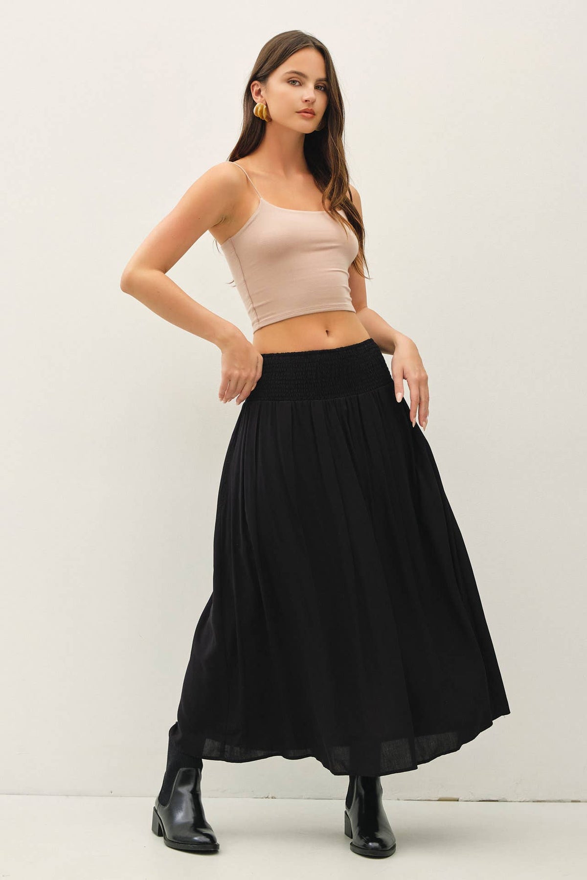 SMOCKED WAIST CIRCLE FULL SKIRT