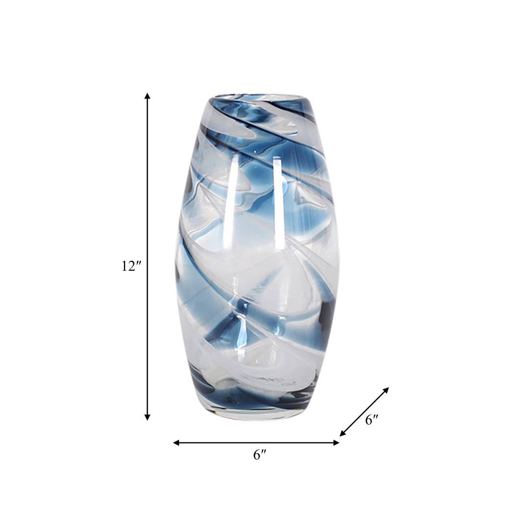 Glass Hand Blown Coastal Swirl Vase - Blue, 12 in.