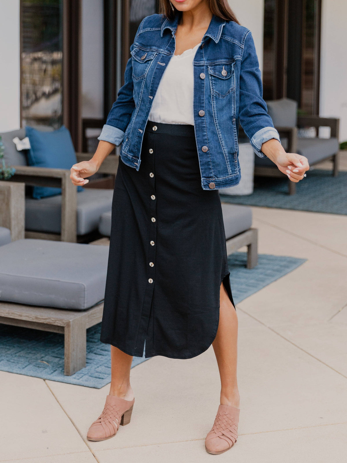 Scoop Hem Button Detail Lyla Midi Skirt